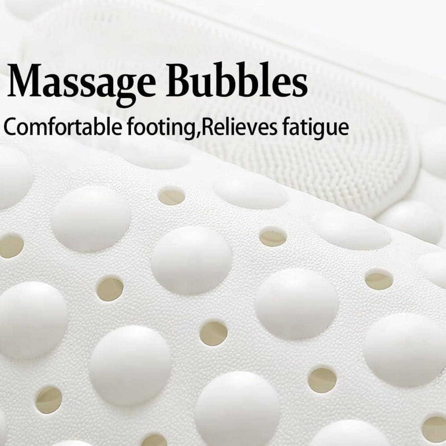 Weiße strukturierte Schuhsohle mit erhabenen Massageblasen, mit der Aufschrift "Massage Bubbles"" und ""Komfortables Fundament, lindert Müdigkeit"".