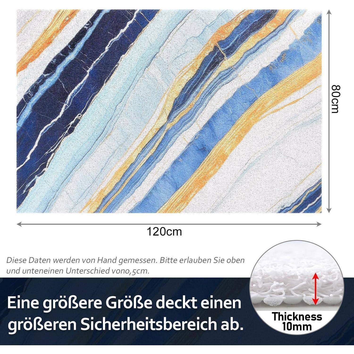 Abstrakte blau, weiß und goldene Marmorwandkunst, 120 cm x 80 cm, mit Hinweis, dass die größere Größe eine größere Sicherheitsfläche abdeckt und 10 mm dick ist.