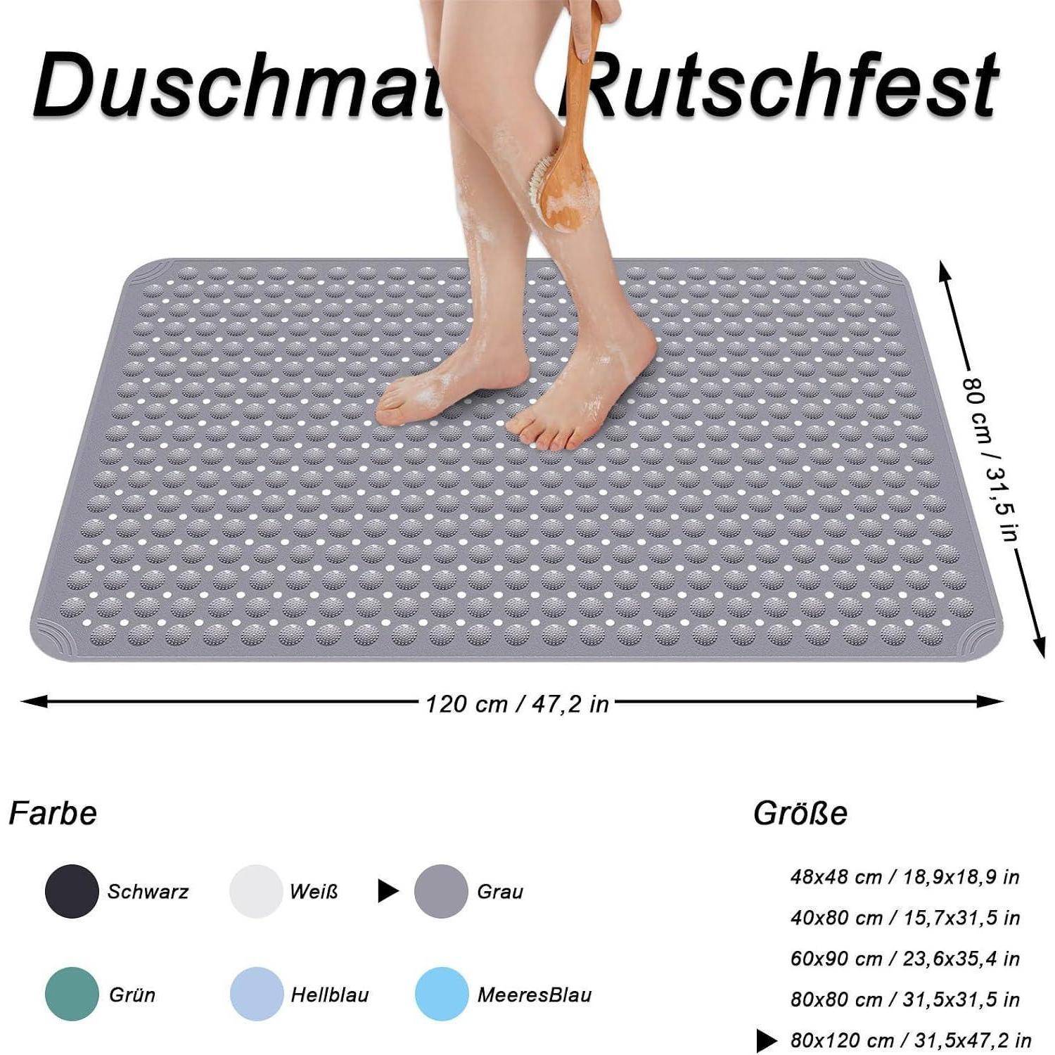 Graue rutschfeste Badematte mit Saugnäpfen, abgebildet mit Füßen, Maße 120 cm x 80 cm; Farboptionen siehe unten.
