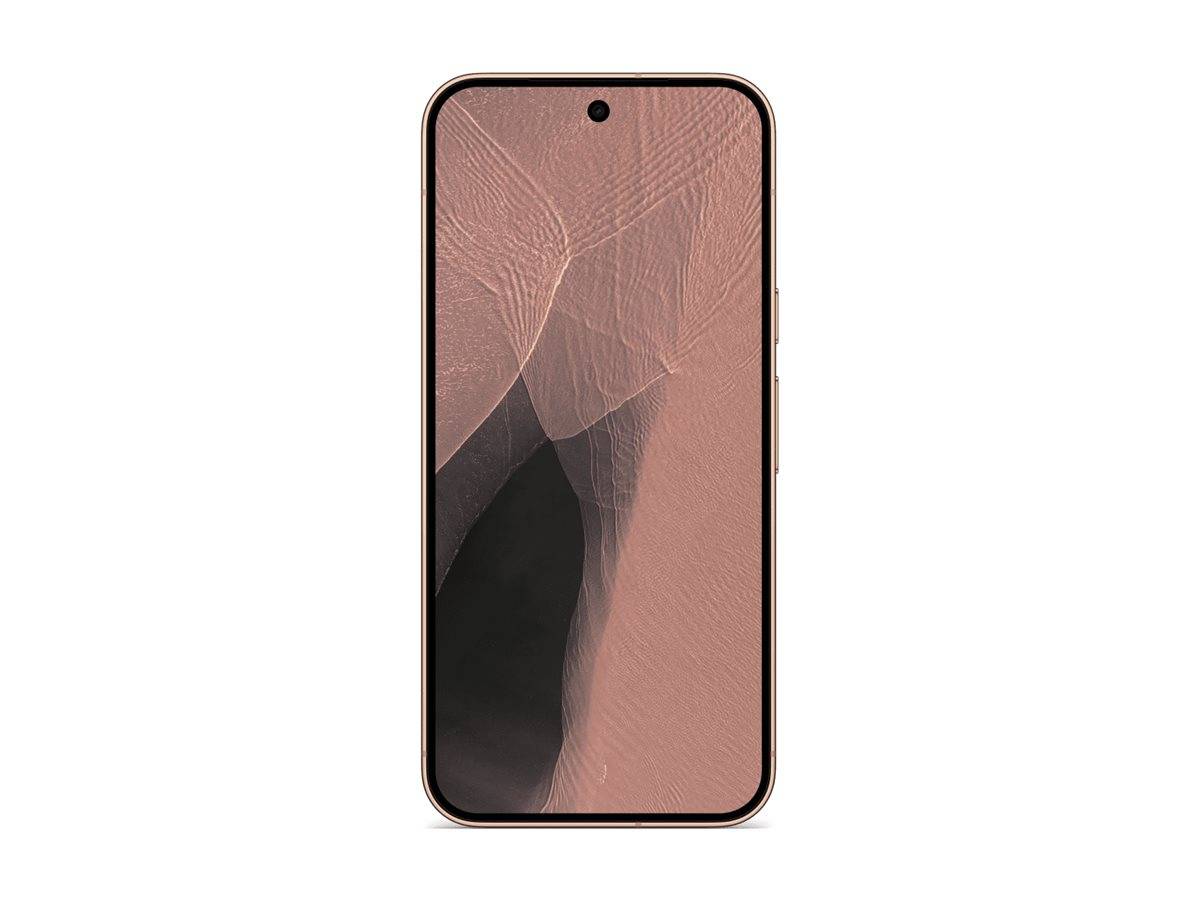 Vorderansicht eines Smartphones mit einer zentrierten Lochkamera und abstraktem rosa-schwarzem Hintergrund auf weißem Hintergrund.