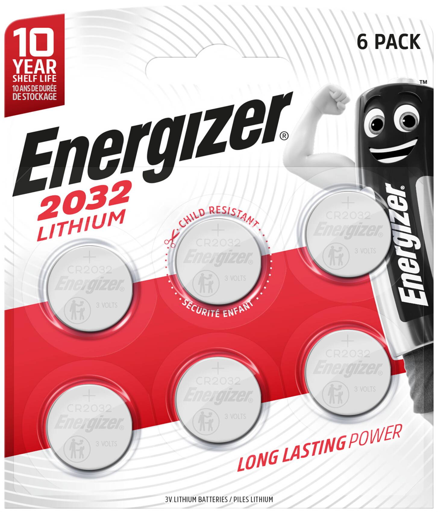 Energizer 2032 Lithium 6er-Pack Batterien mit 10 Jahren Lagerfähigkeit und kindersicherer Verpackung, zeigt sechs Knopfzellen.