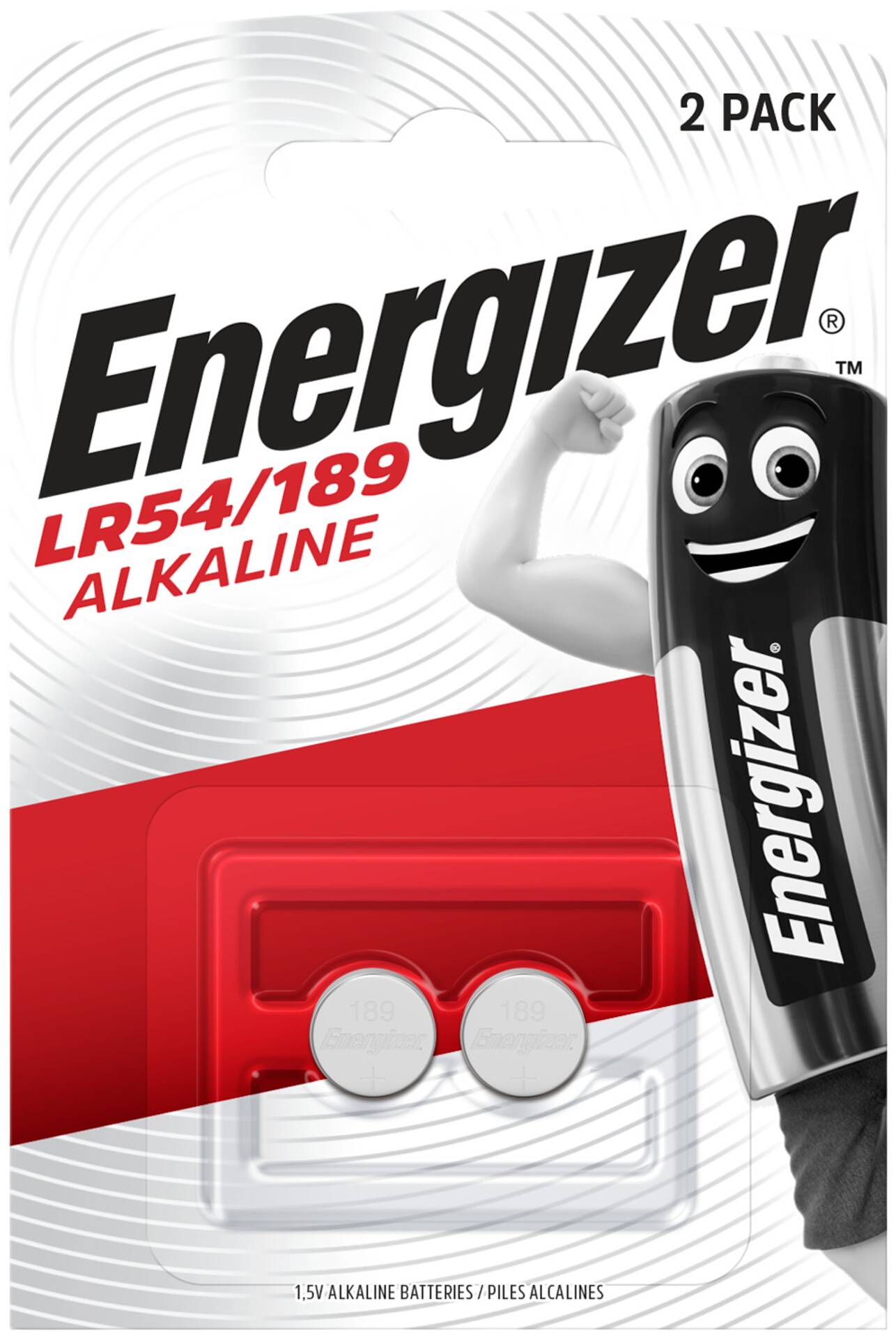 Energizer LR54/189 Alkaline 2er-Pack Batterieverpackung mit lächelndem Maskottchen und zwei Knopfzellenbatterien abgebildet.
