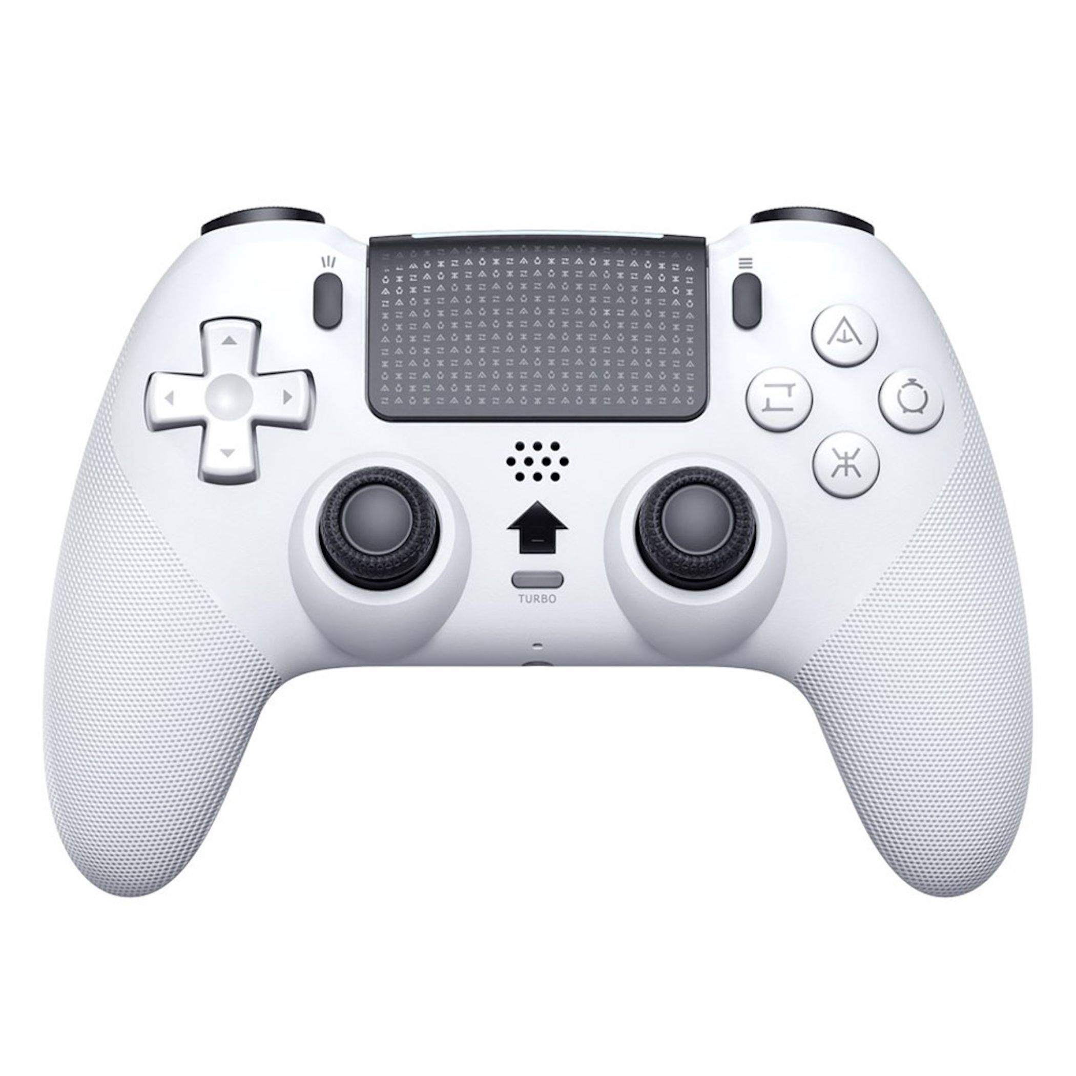 Weißer Spielcontroller mit Dual-Analog-Sticks, D-Pad, vier Aktionstasten, Touchpad und Turbo-Taste auf einfachem Hintergrund.