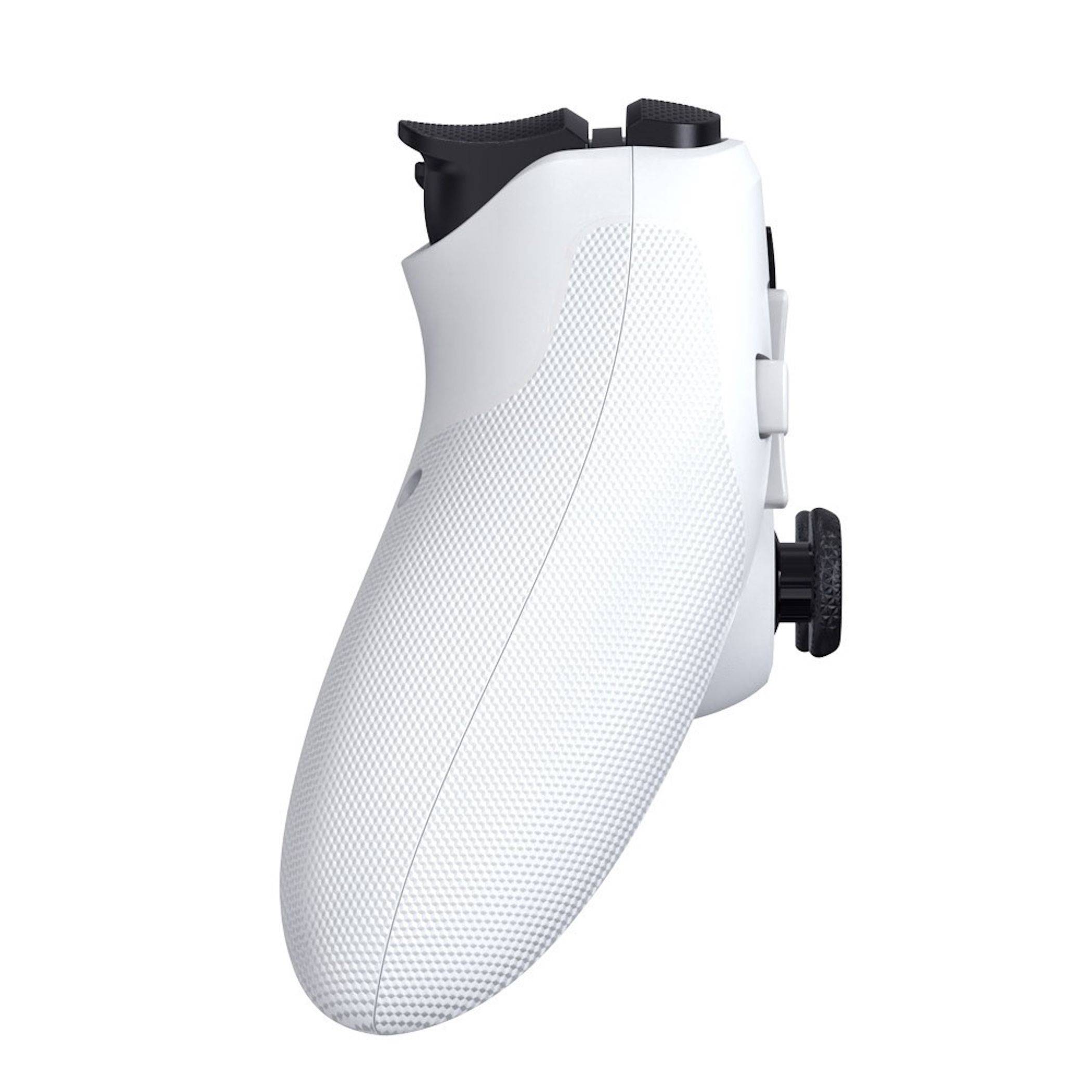 Weiße ergonomische Schuheinlage mit strukturierter Oberfläche und verstellbarem schwarzem Seitendial für Passform oder Unterstützung, dargestellt auf weißem Hintergrund.