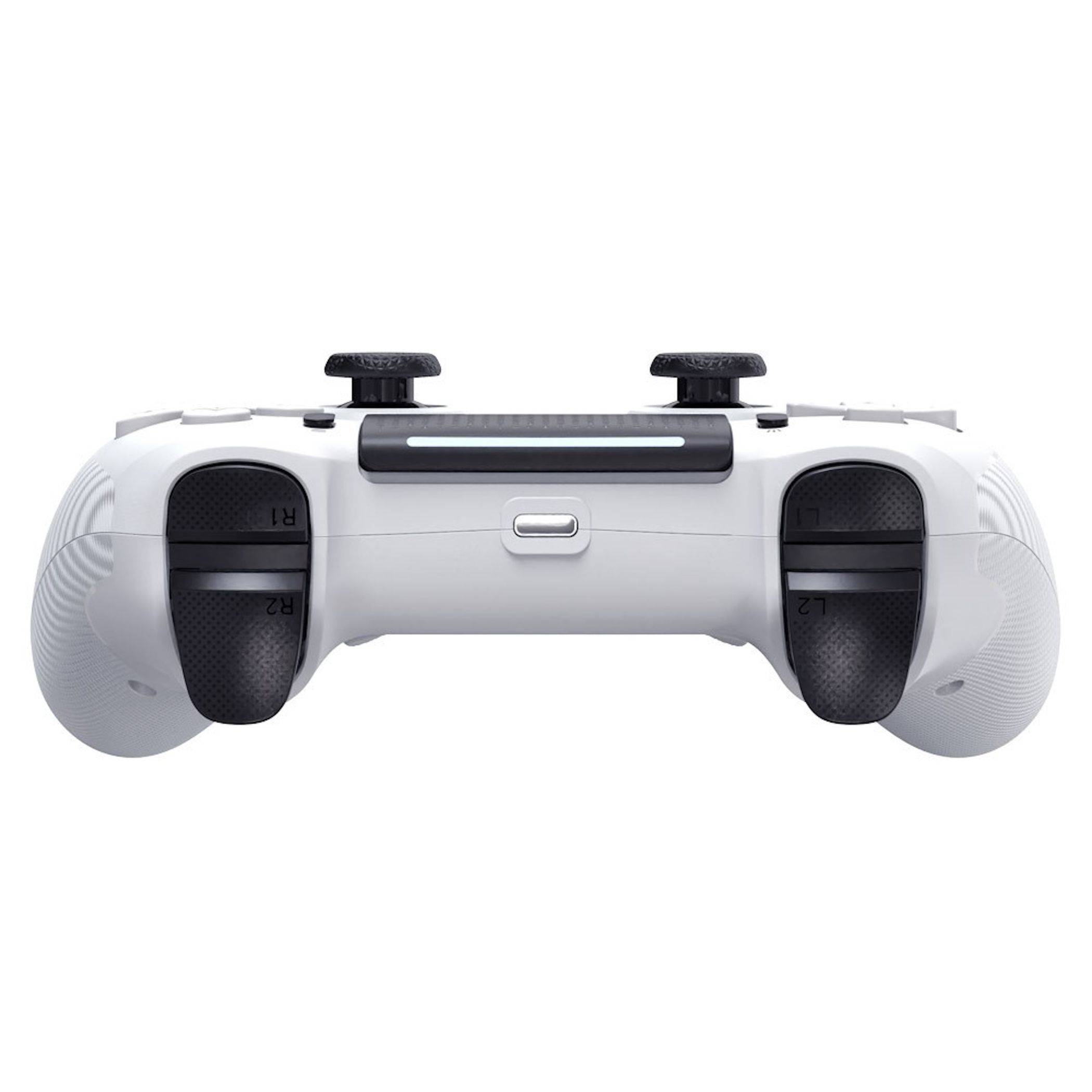 Weißer Gamecontroller von hinten gezeigt, mit schwarzen Analog-Sticks, Schultertasten und strukturierten Griffen auf schllichtem Hintergrund.