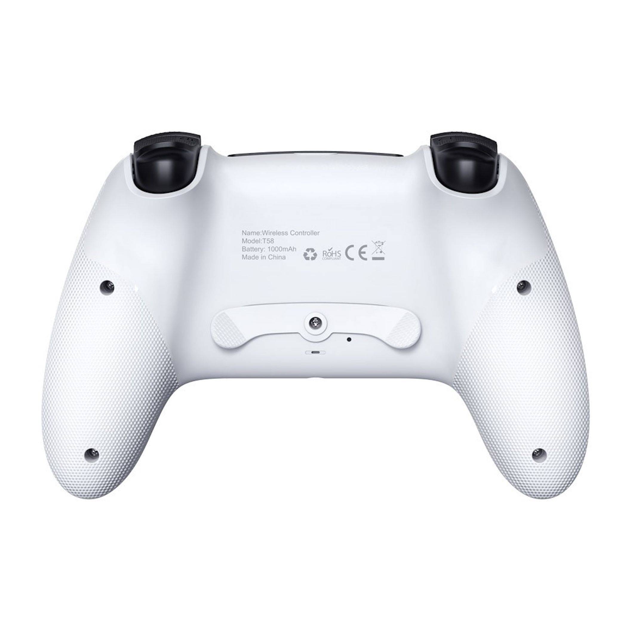 Weißer kabelloser Spielecontroller von hinten gezeigt, mit zwei schwarzen Analog-Sticks, strukturierten Griffen und einem zentralen Lade-/Befestigungspanel.
