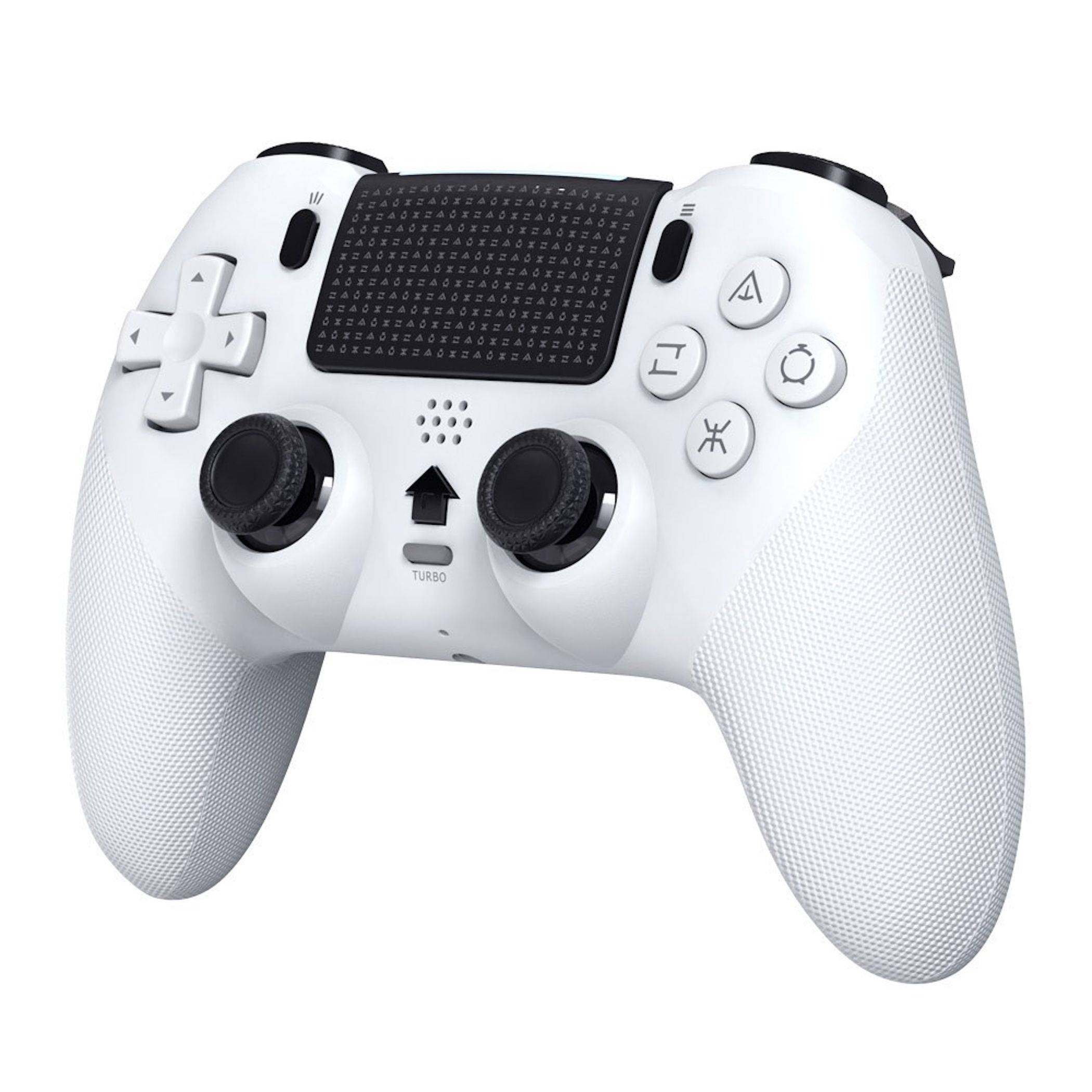 Weißer Spiele-Controller mit zwei Joysticks, D-Pad, Aktionstastern und einem zentralen Touchpad, gezeigt auf einfachem Hintergrund