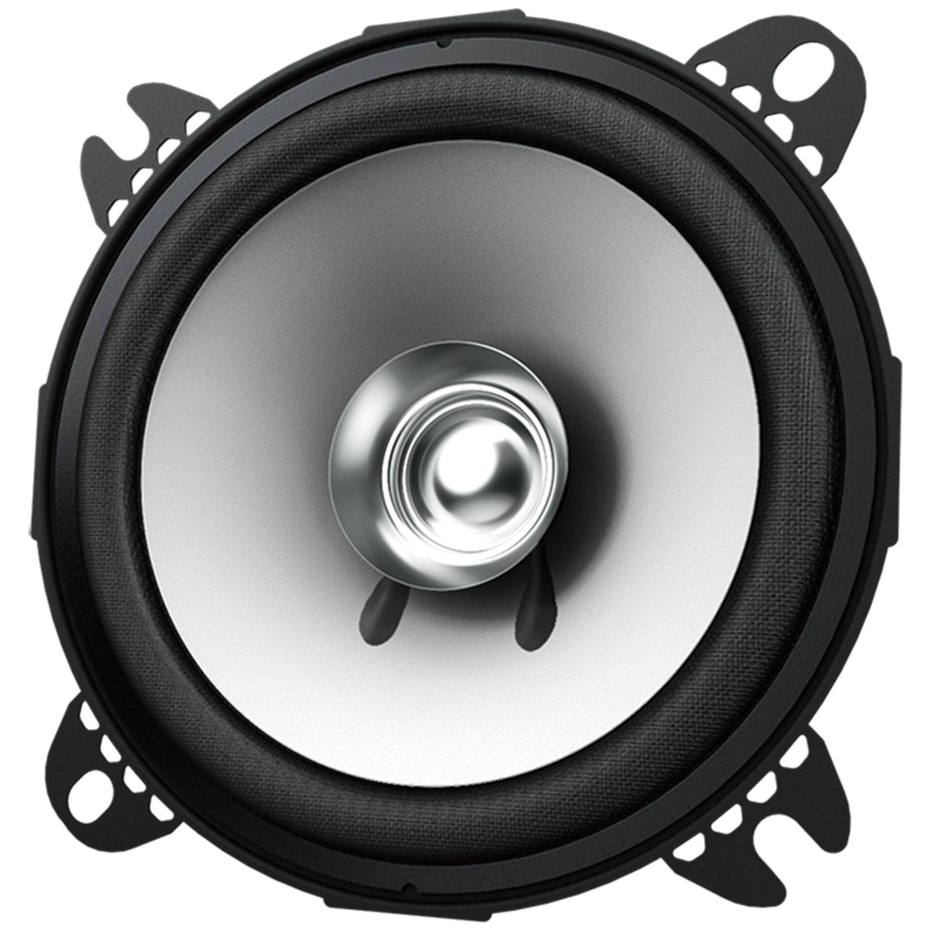 Nahaufnahme eines runden Autolautsprechers oder Subwoofers mit silbernem Kegel und zentralem Hochtonlautsprecher, frontal auf weißem Hintergrund dargestellt.