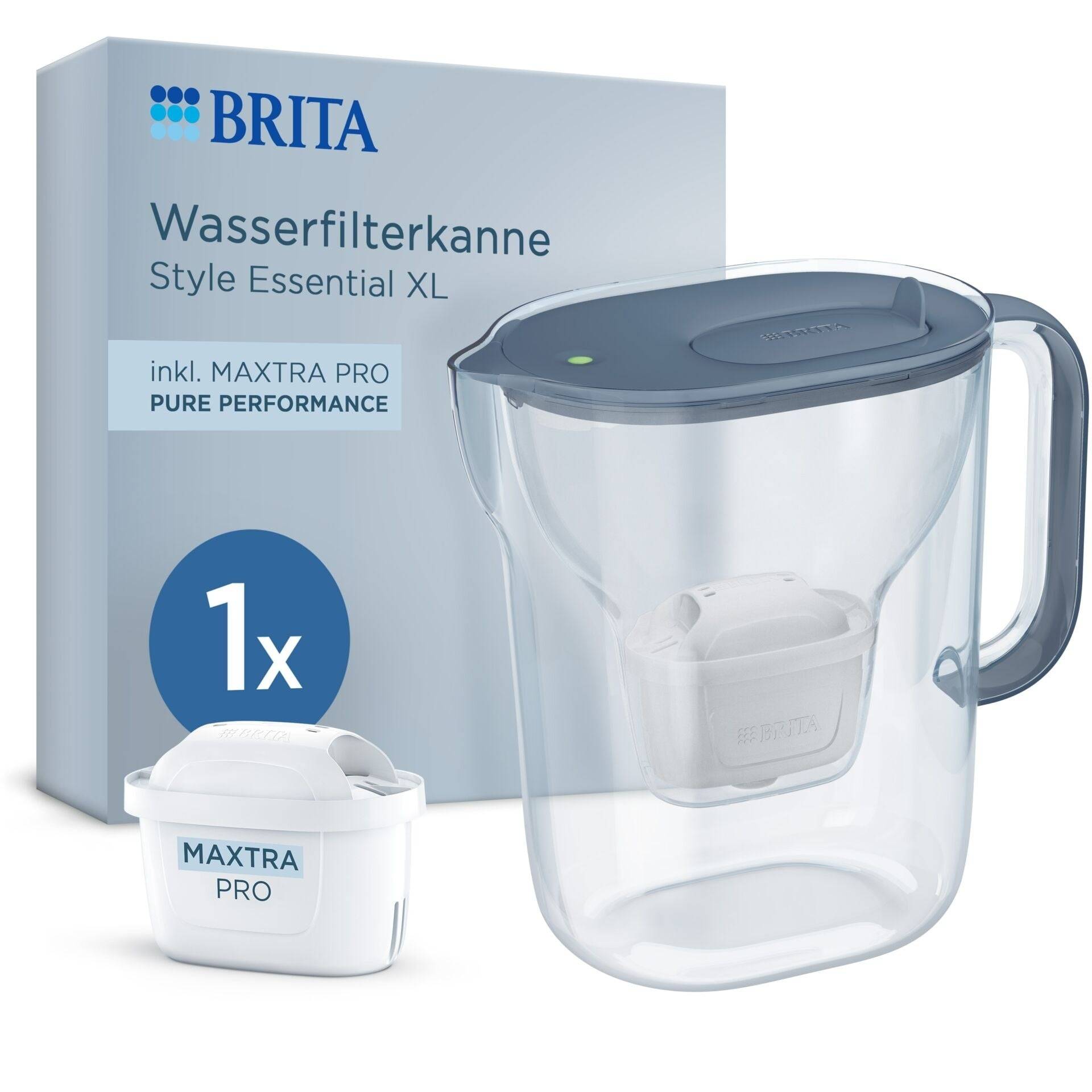BRITA Wasserfilterkanne Style Essential XL mit MAXTRA PRO Pure Performance Filterpatrone, abgebildet mit Verpackung und Kanne.