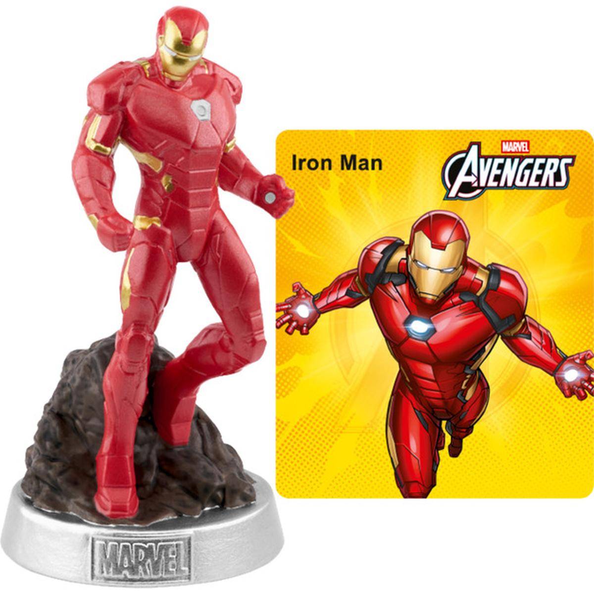 Iron-Man-Actionfigur auf einer Marvel-Basis neben einer Karte mit Iron Man und dem Avengers-Logo.