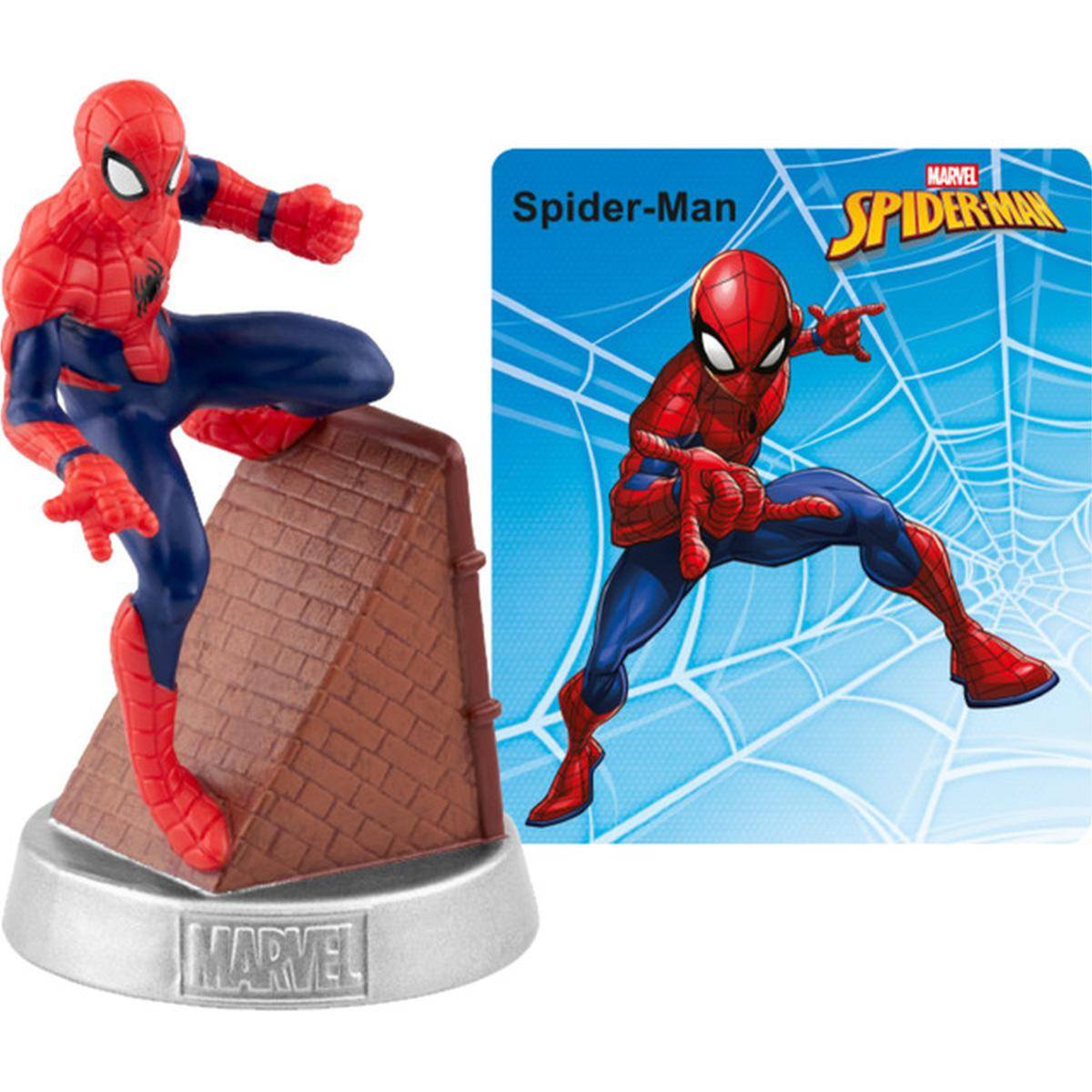 Spider-Man-Figur auf silberner Marvel-Basis neben ihrer blauen Spider-Man-Produktbox mit Web-Hintergrund und Charakterkunst.