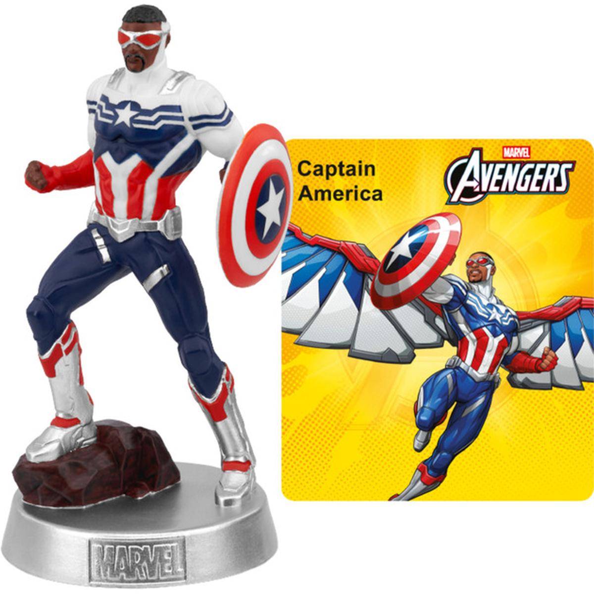 Captain America Actionfigur auf einer Marvel Avengers Anzeigecard, posiert mit Schild und Flügel-Logo-Kunstwerk.