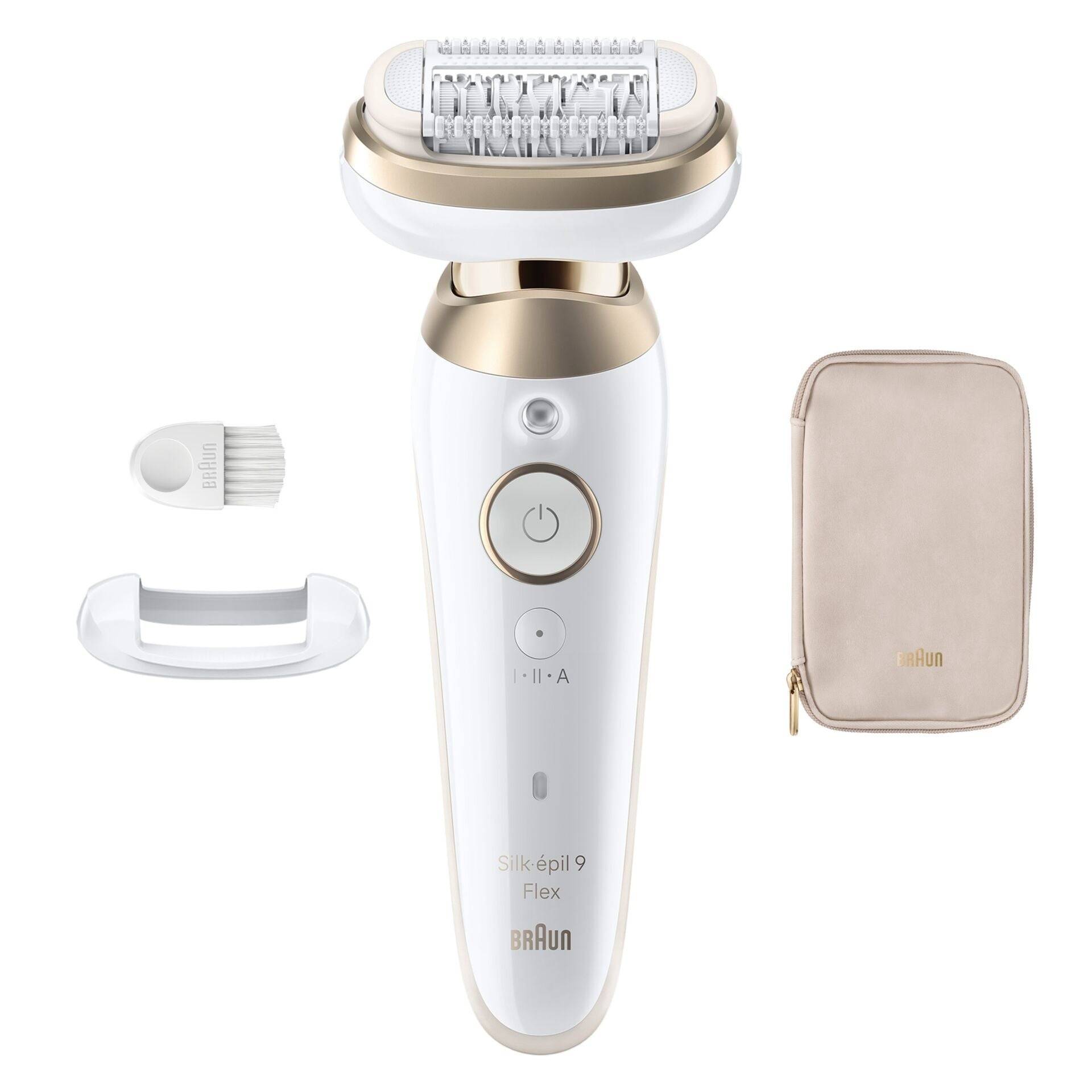 Braun Silk-épil 9 Flex Epiliergerät mit zwei Aufsätzen und einer beigen Reißverschluss-Reisetasche auf weißem Hintergrund.