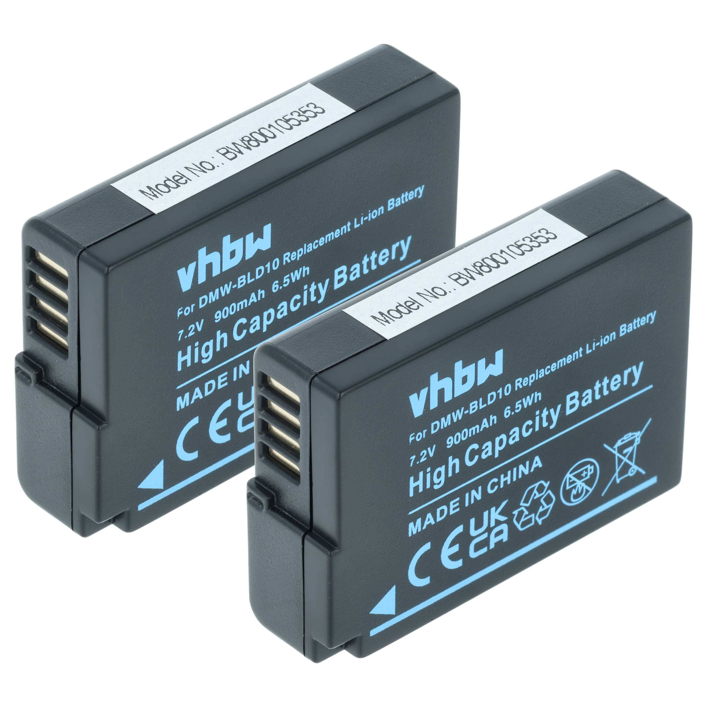 Zwei schwarze vhbw Ersatz-Lithium-Ionen-Kameras-Batterien mit der Bezeichnung „High Capacity Battery