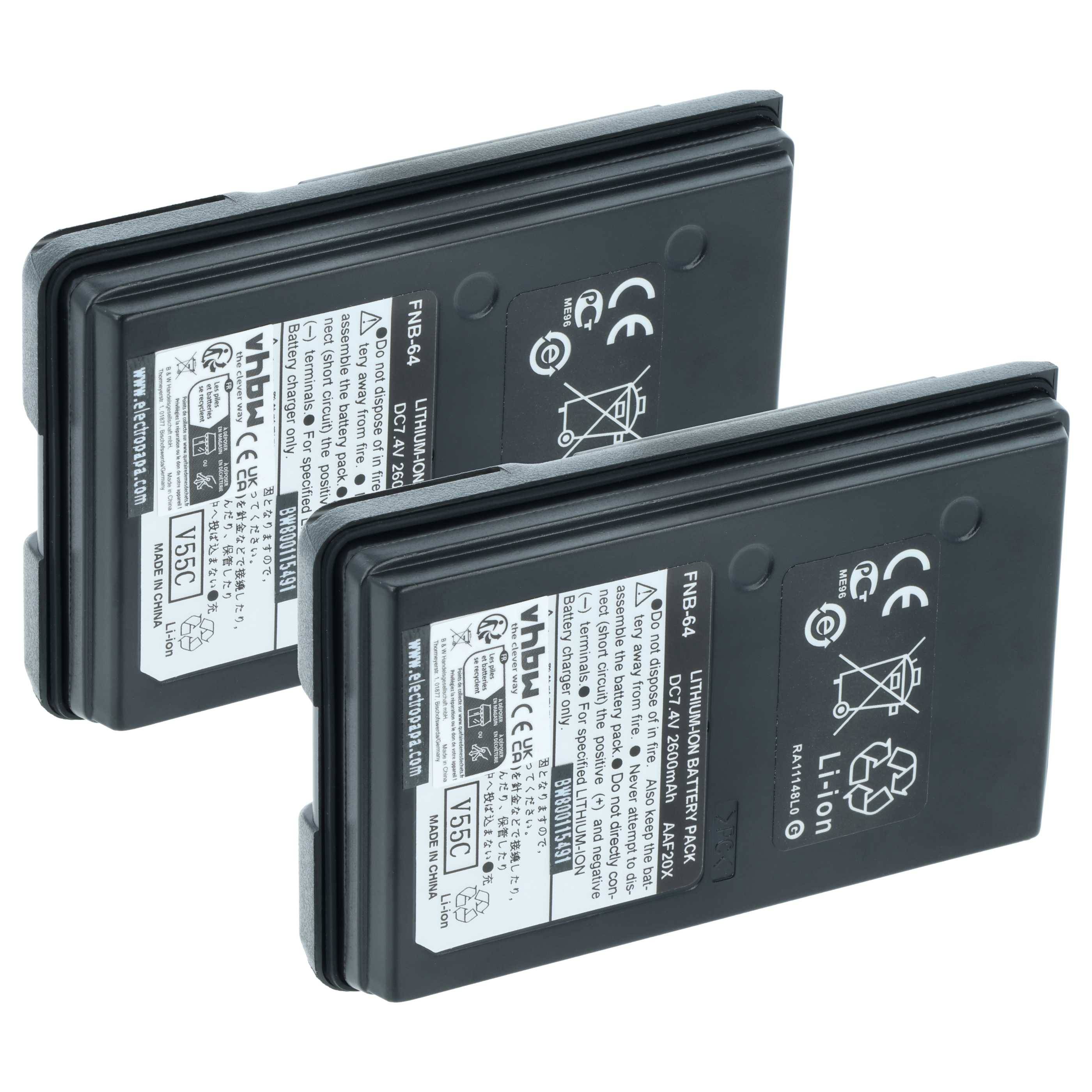 Zwei schwarze Lithium-Ionen-Kamerabatterien, die nebeneinander gezeigt werden, mit den Beschriftungen „LITHIUM-ION BATTERY PACK