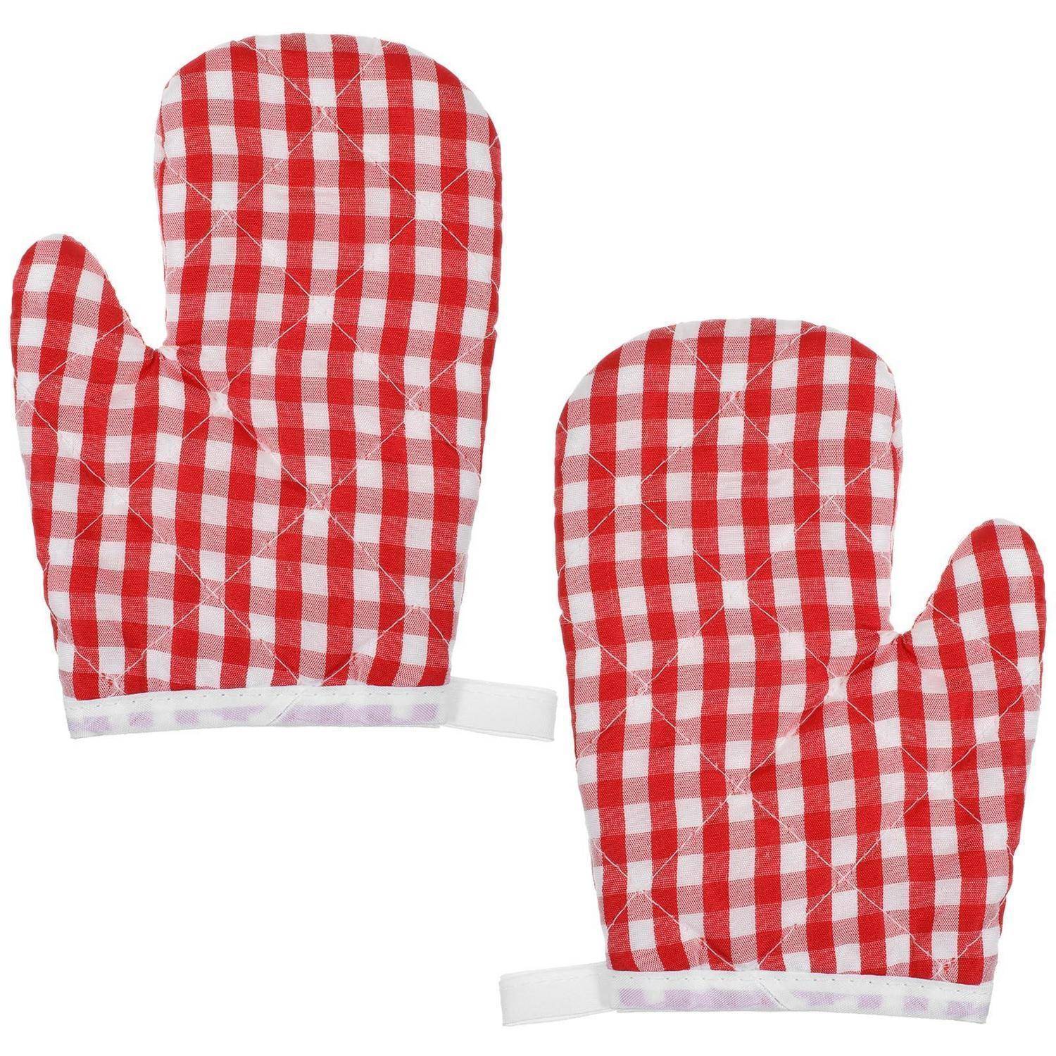 Paar rot-weiß karierter Ofenhandschuhe mit weißen Aufhängeschleifen auf einfachem weißem Hintergrund.
