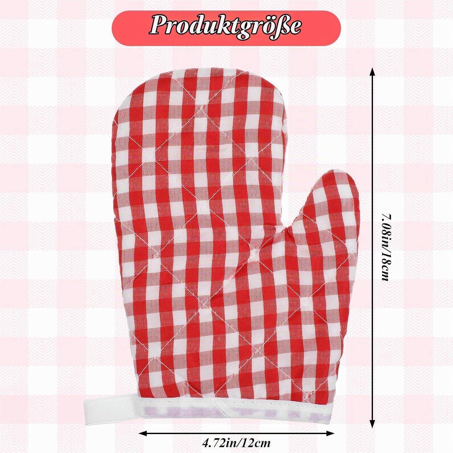 Produktgrößentabelle mit einem rot-weiß karierten Ofenhandschuh, etwa 7,08 Zoll (18 cm) hoch und 4,72 Zoll (12 cm) breit.