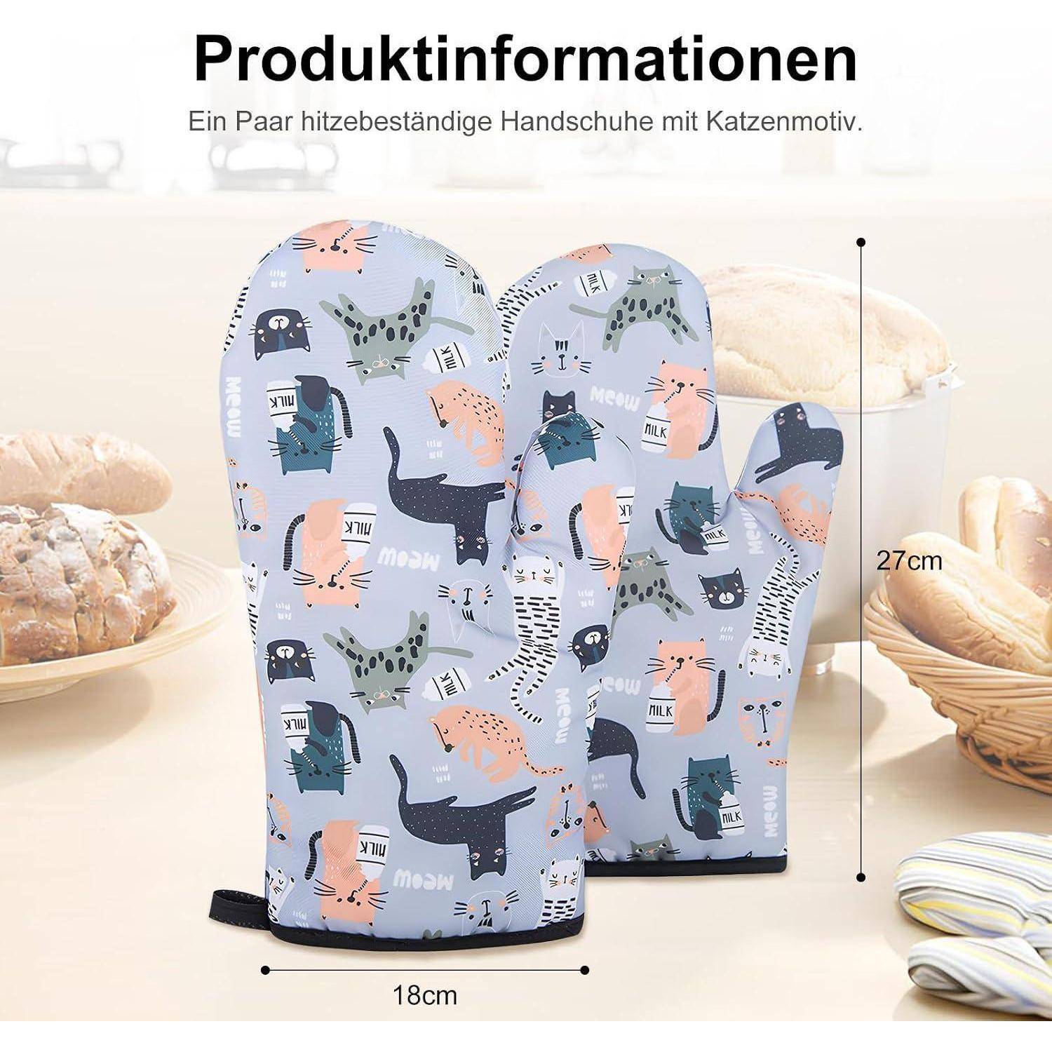 Produktbild eines Paares hitzebeständiger Ofenhandschuhe mit Katzenmuster, gekennzeichnet auf Deutsch als 'Produktinformationen', zeigt 27 cm Höhe und 18 cm Breite.