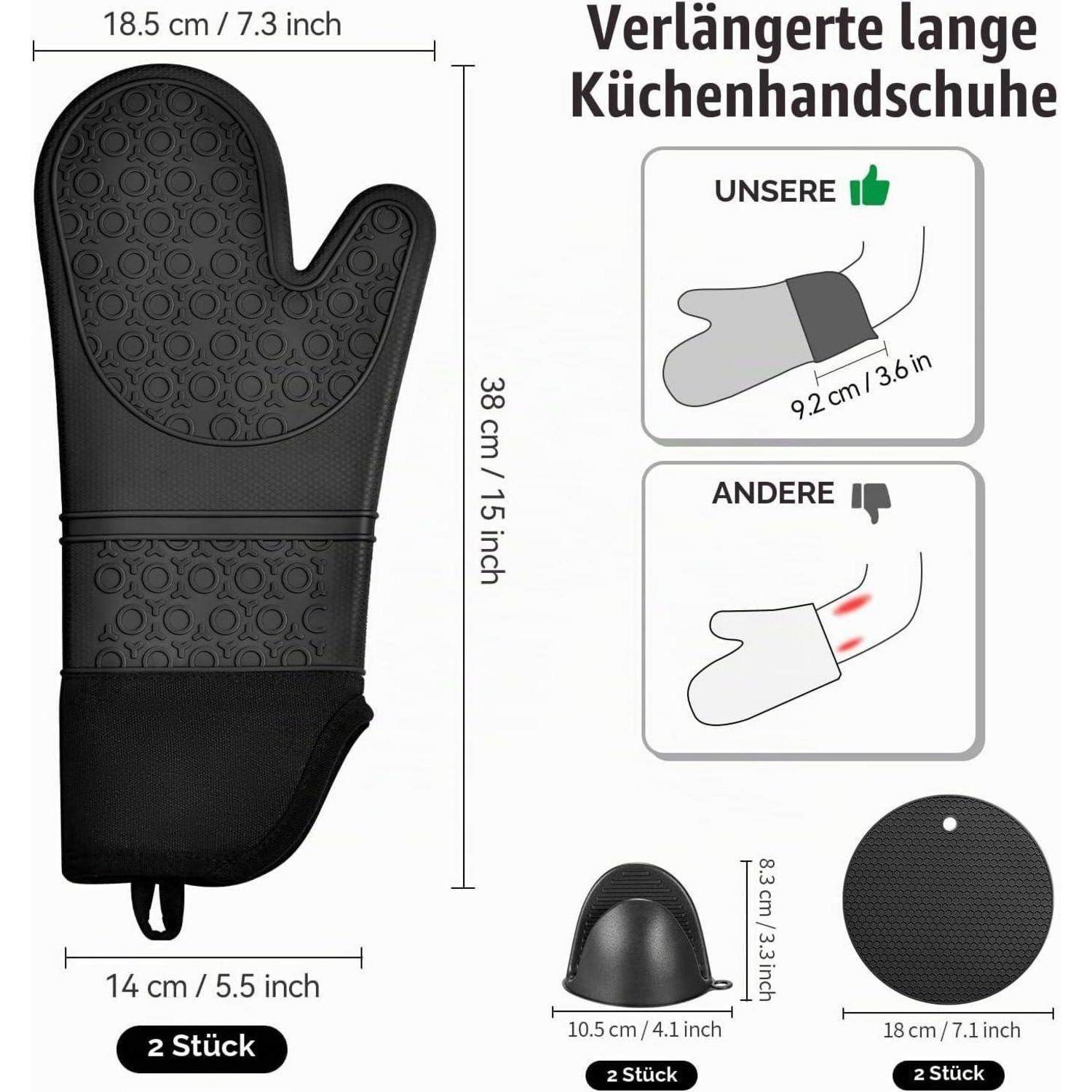 Schwarzer verlängerter Küchenofen-Handschuh mit Abmessungen, gepaart mit einer kleinen Silikon-Fingerkuppel und einem runden Topfuntersetzer; Vergleichsgrafik hebt besseren Handgelenkschutz hervor.