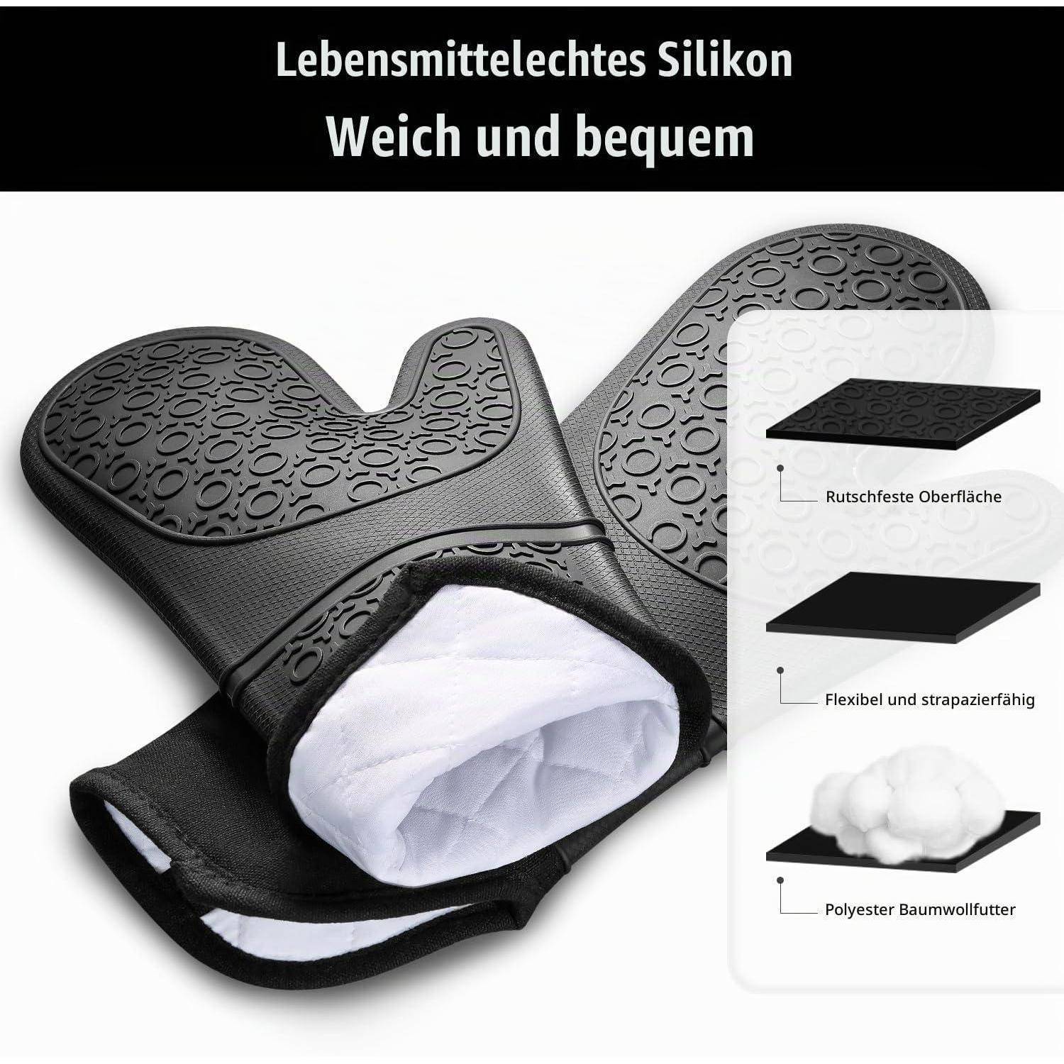 Schwarzer Silikon-Topflappen-Handschuh mit weißer Innenseite; deutscher Text sagt „Lebensmittelgerechtes Silikon