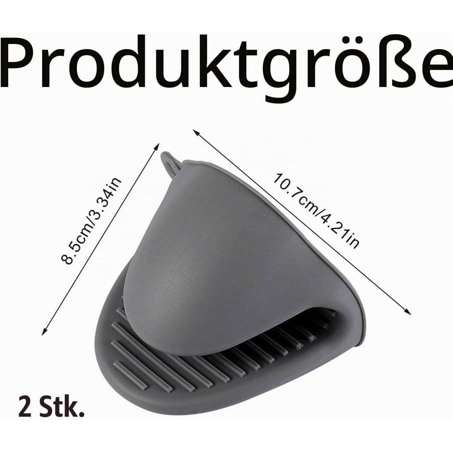 Grauer Silikon-Topflappen mit Abmessungen von 10,7 cm x 8,5 cm; Produktbild mit der Bezeichnung „2 Stk.