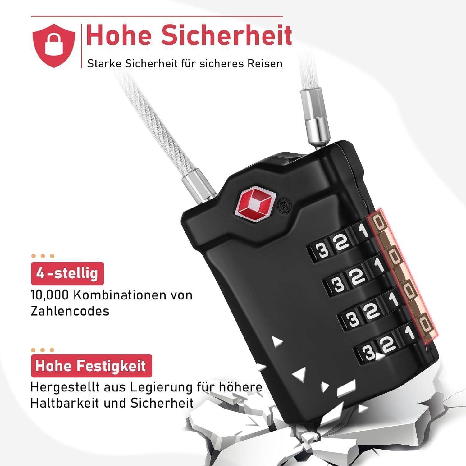 Deutsches Kofferschloss mit schwarzem 4-stelligem Kombinationsschloss mit Stahlkabeln, gekennzeichnet mit „Hohe Sicherheit" und „4-stellig"", hebt Haltbarkeit und 10.000 Codekombinationen hervor.