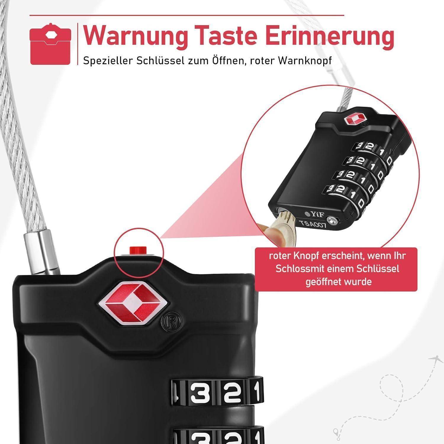 Abbildung eines Kabelschlosses mit einer roten Warntaste und deutschem Text „Warnung Taste Erinnerung"; die Einfügung zeigt die rote Taste, die erscheint, wenn der Schlüssel geöffnet wird.