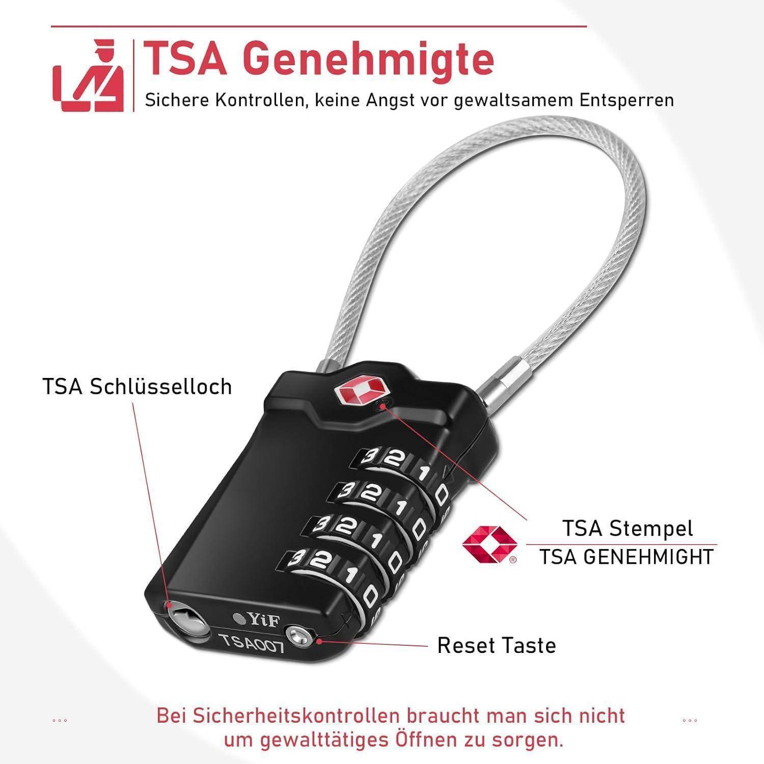 Annotiertes Produktbild eines TSA-zugelassenen Kabelschlossers für Koffer, mit Beschriftungen des TSA-Schlüssellochs, des Zurücksetzkopfes und des TSA-Stempels, mit deutschem Text, der erklärt, dass es Sicherheitsprüfungen ohne gewaltsames Öffnen ermöglicht.