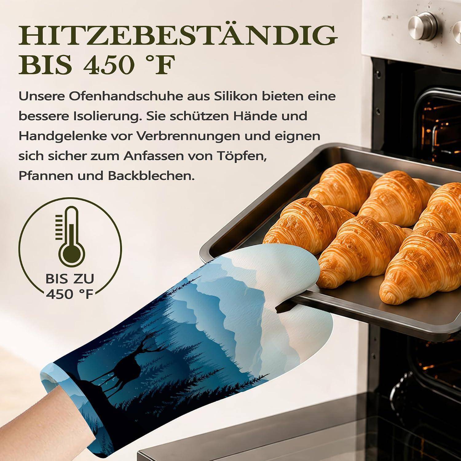 Werbung für Silikon-Ofenhandschuhe, die eine Hand zeigt, die ein Croissant-Tablett aus einem Ofen entnimmt; der Text besagt, dass sie hitzebeständig bis 450°F sind und Hände und Handgelenke schützen.