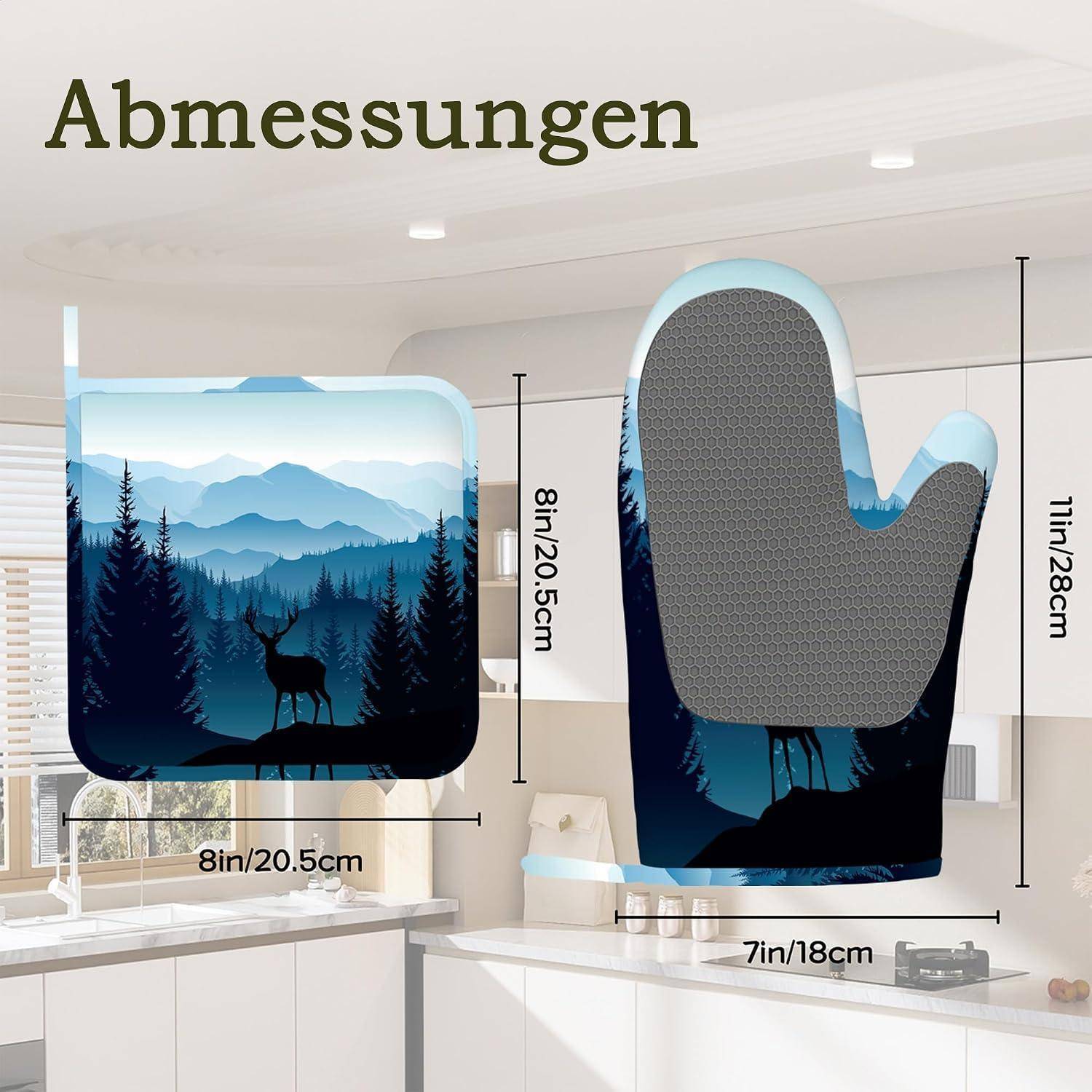 Illustration eines Ofenhandschuhs und eines quadratischen Topflappens mit Waldmotiv, beschriftet mit Maßen: Handschuh 11 x 7 Zoll, Topflappen 8 x 8 Zoll, beide etwa 20,5 cm hoch/breit.