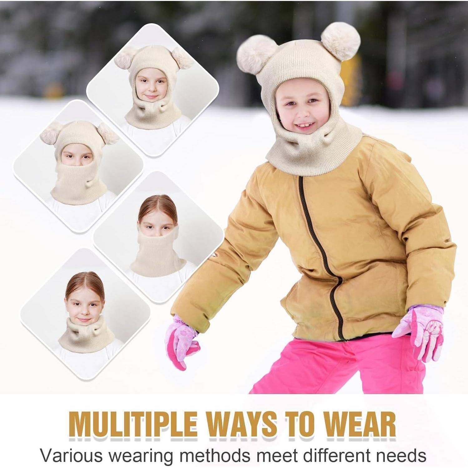 Produktpromo-Bild, das ein Kind in einer winterlichen Gesichtsmaske mit Kapuze zeigt, die auf fünf verschiedene Arten getragen wird, mit dem Text „MEHRERE MÖGLICHKEITEN ZUM TRAGEN" und „Verschiedene Trageweisen erfüllen unterschiedliche Anforderungen"".