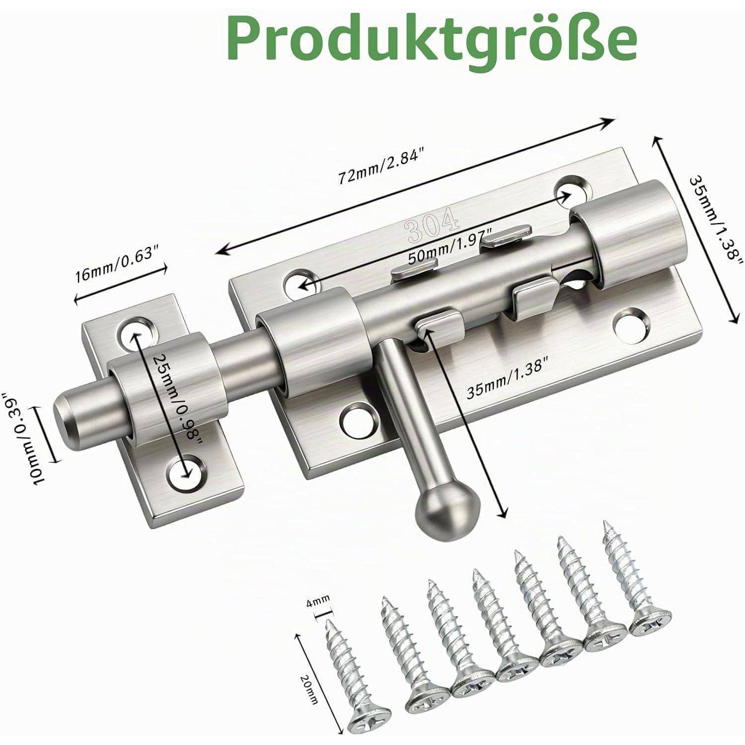 Produktgrößendiagramm eines Metallriegel-Schieberiegels mit Abmessungen 72mm, 50mm, 35mm, 25mm, 16mm, 10mm und mitgelieferten Schrauben.