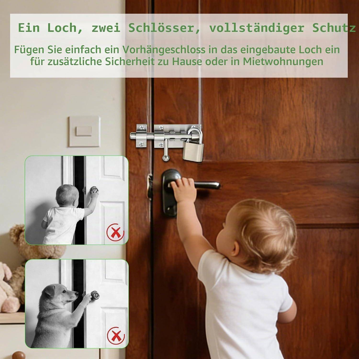Deutsches Werbeplakat, das ein Kind an einer Türklinke mit Kette und Vorhängeschloss zeigt und zusätzliche Haussicherheit bewirbt; der Text besagt: „ein Loch, zwei Schlösser, kompletter Schutz."