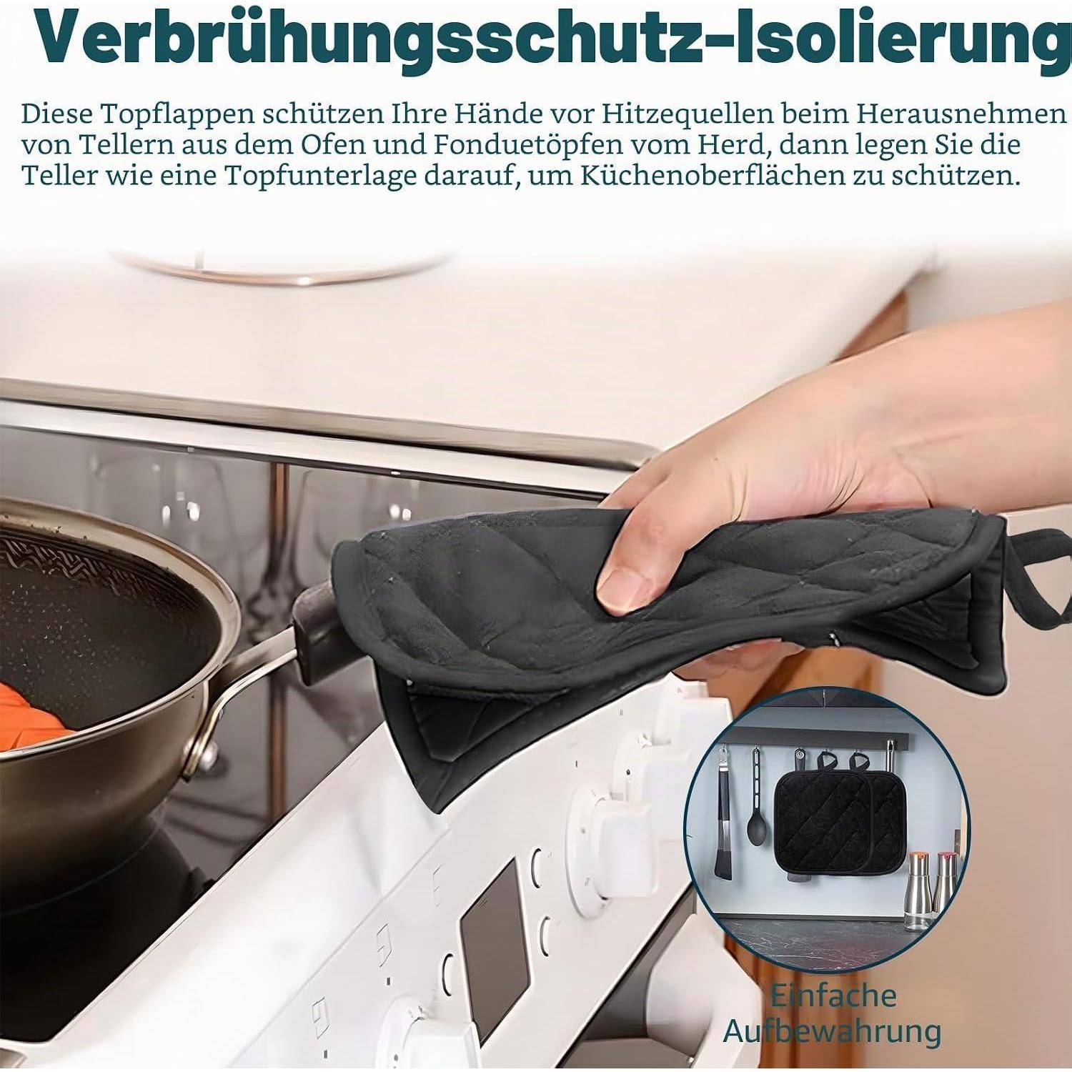 Anzeige zeigt eine Hand, die einen gesteppten schwarzen hitzebeständigen Ofenhandschuh trägt, um eine heiße Pfanne vom Herd zu heben, mit deutschem Text über Brandschutz und einfache Lagerung.