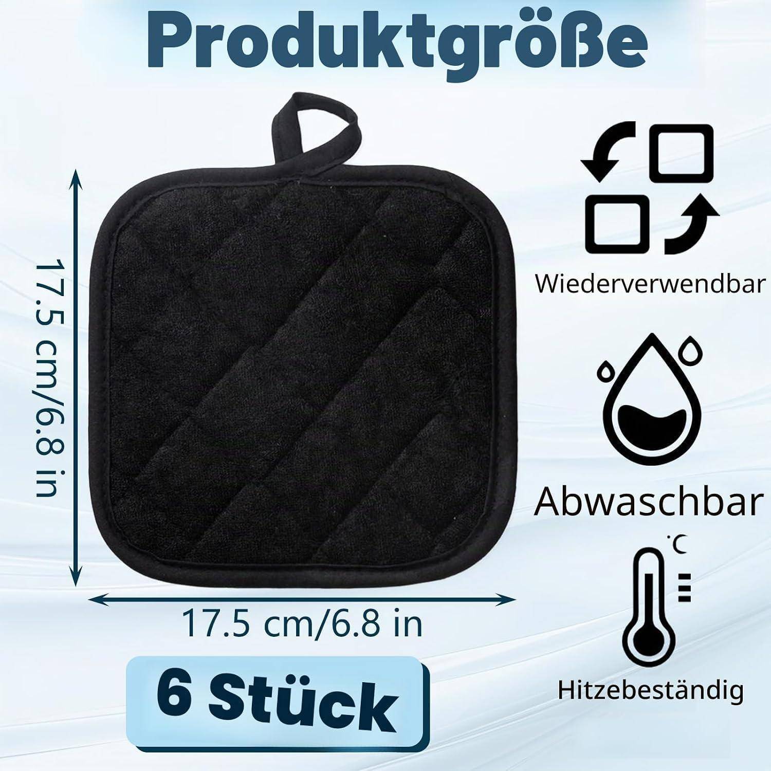Produktgrößenbild einer schwarzen quadratischen wiederverwendbaren hitzebeständigen Matte; Maße 17,5 cm x 17,5 cm, im 6er-Pack erhältlich, waschbar und wiederverwendbar.