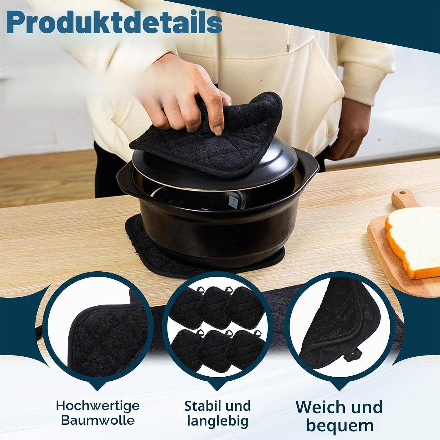 Produktdetail-Grafik mit schwarzem Textil-Topflappen oder Ofenhandschuh auf Kochgeschirr, mit Beschriftungen für „Hochwertige Baumwolle