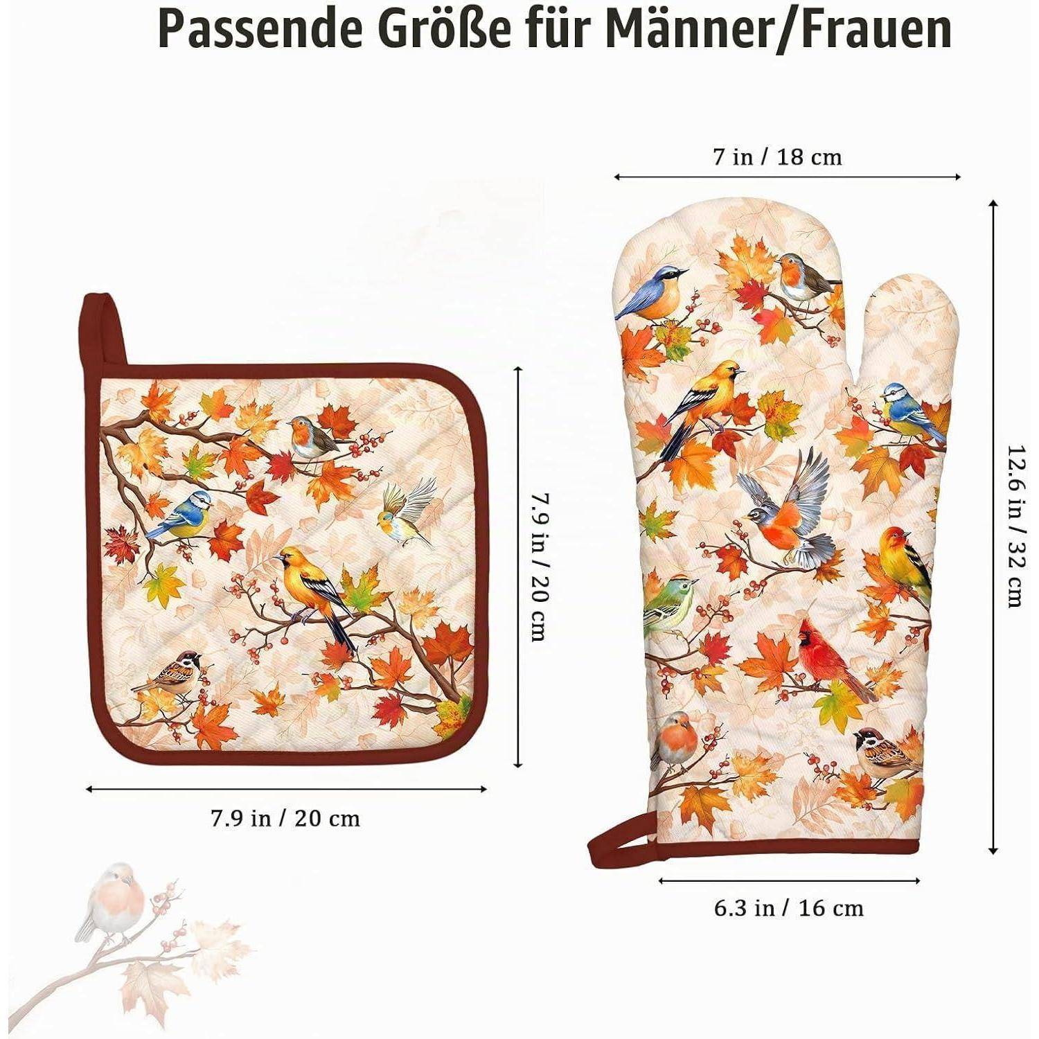 Größentabelle für Ofenhandschuh und Topflappen mit Vogel- und Blatmuster, gekennzeichnet als geeignet für Männer/Frauen; Topflappen 7,9 x 7,9 Zoll, Handschuh 12,6 x 6,3 Zoll, Daumensbreite 7 Zoll.