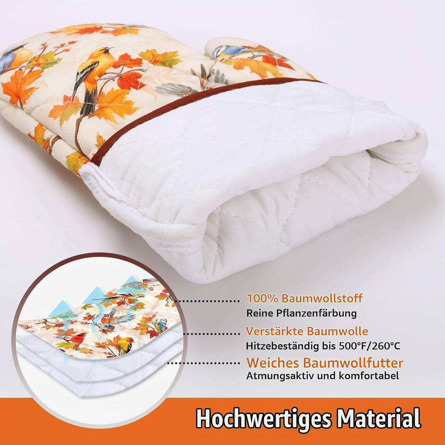 Weiß gestepptes Kissen oder Haustierbett mit Herbstblatt-Druck; Einsatz und deutscher Text heben hochwertige Materialien hervor: 100% Baumwolle, pflanzengefärbt, verstärkt, hitzebeständig, atmungsaktive Füllung.