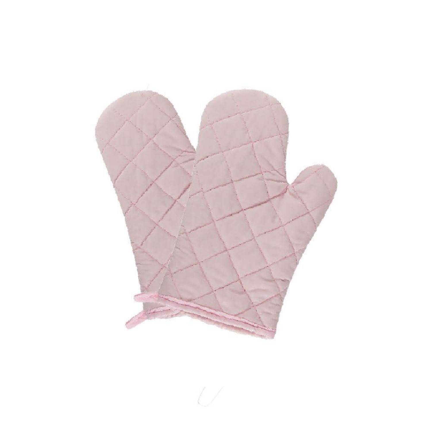 Paar blassrosa gesteppte Ofenhandschuhe oder Fäustlinge auf weißem Hintergrund.