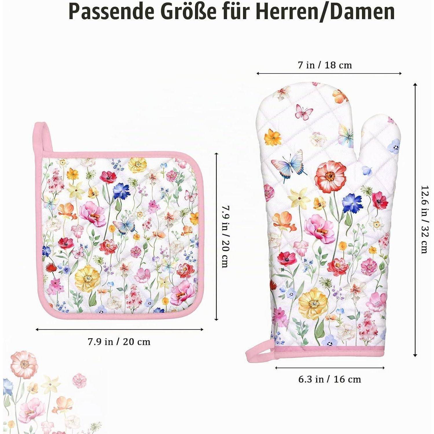 Größentabelle für florale Ofenhandschuhe und Topflappen, gekennzeichnet als 