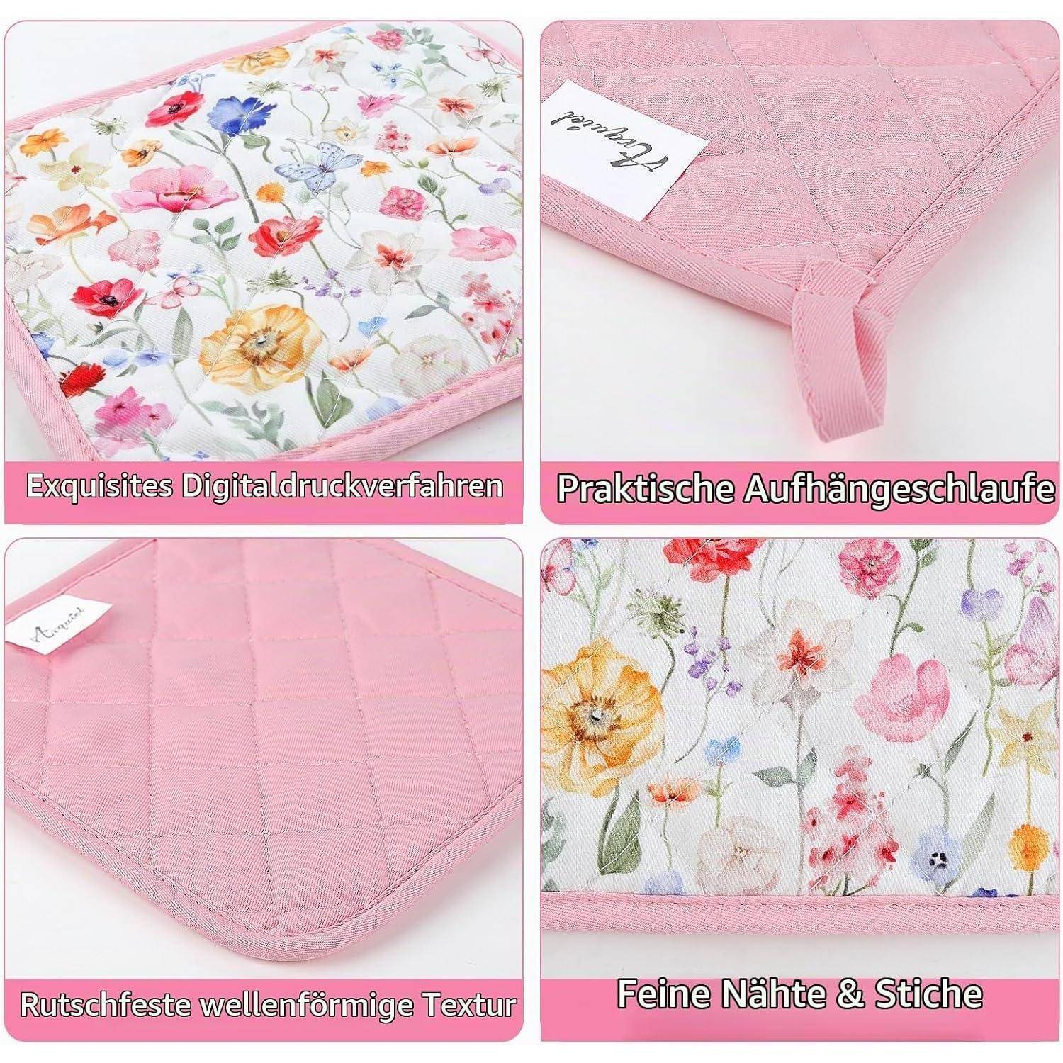 Collage eines rosa gesteppten Vorlegers mit Blumendruck, Aufhängeschlaufe und rutschfester Wellenstruktur, die Nähte und digitale Druckdetails hervorhebt.