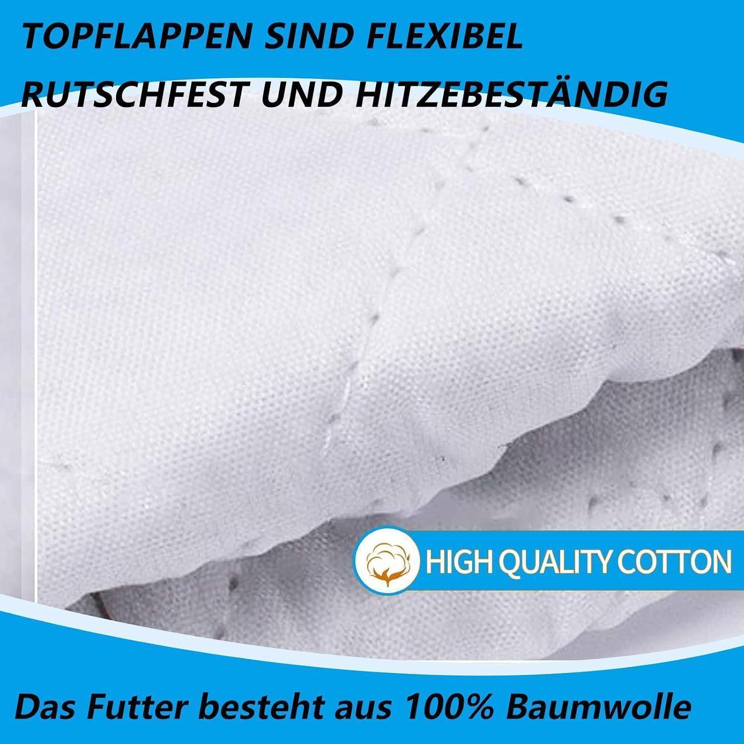 Nahaufnahme von weißem gepolstertem Stoff, gekennzeichnet auf Deutsch als flexible, rutschfeste, hitzebeständige obere Laschen mit 100% Baumwollfutter und 'HOCHWERTIGE BAUMWOLLE'.