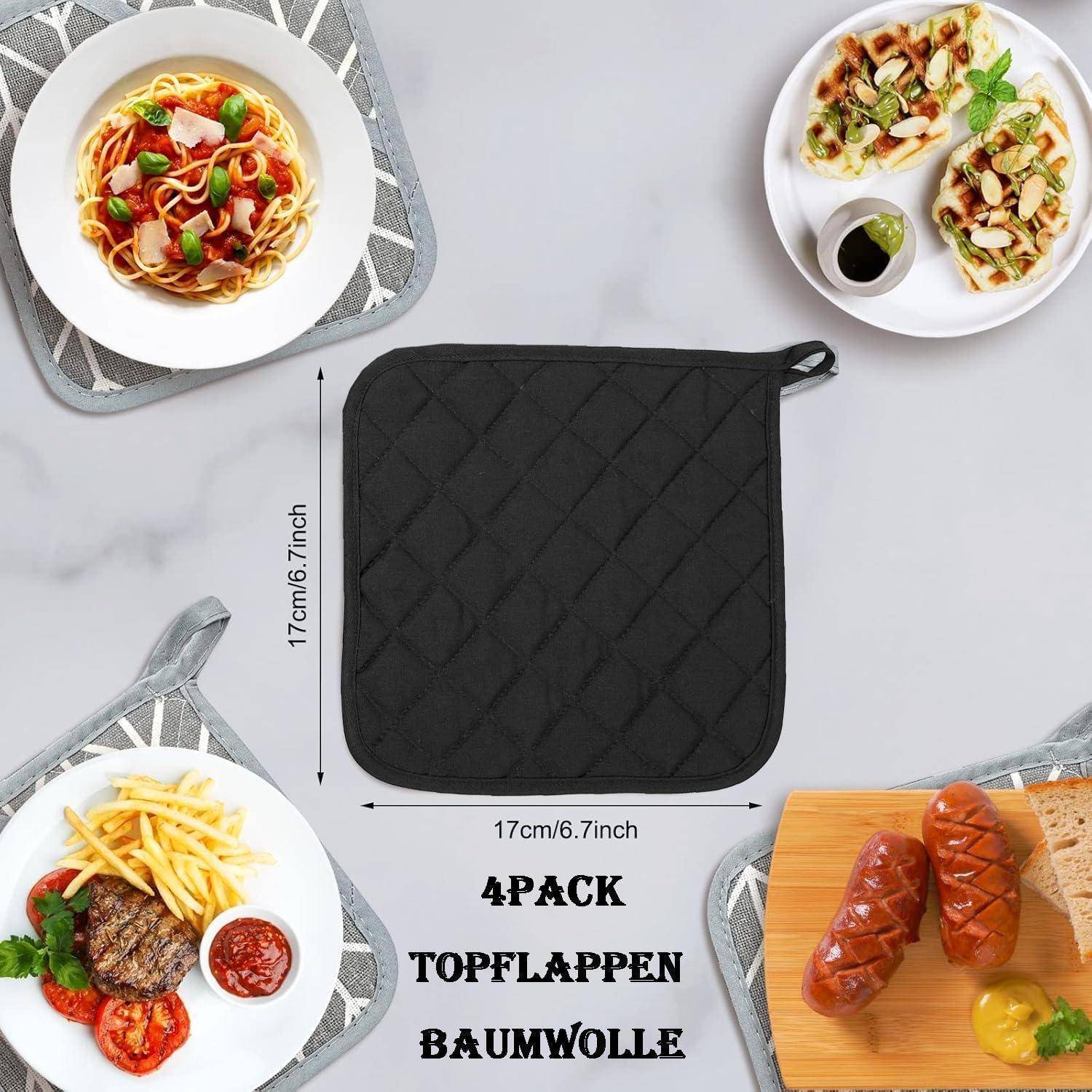 Schwarzer gesteppter Baumwoll-Topflappen, quadratisch 17 cm/6,7 Zoll, gezeigt mit Kochplatten und dem Text „4ER-PACK TOPFLAPPEN BAUMWOLLE