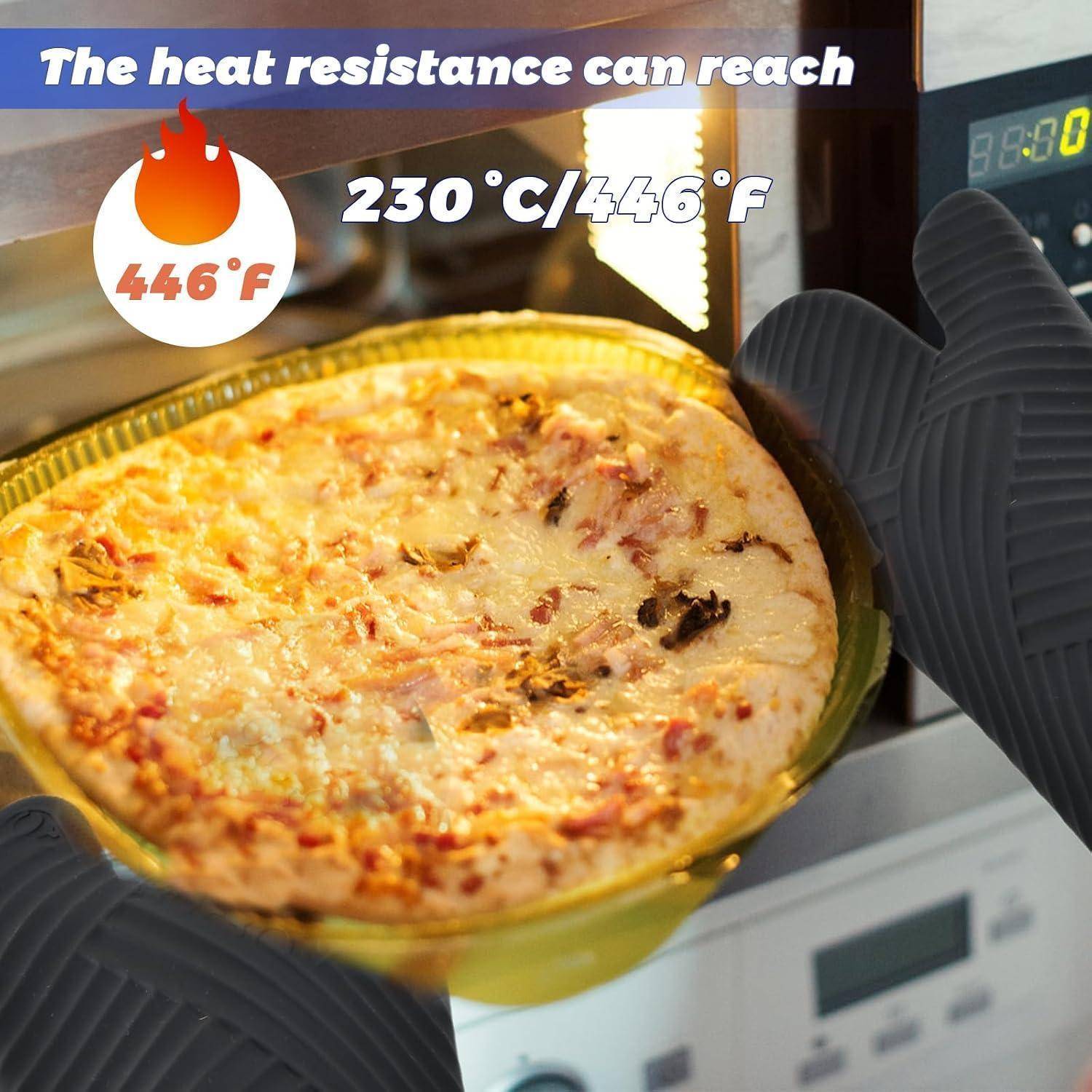 Ein Ofenhandschuh hält eine heiße Glaskasserolle mit gebackener Speise, mit Text, der besagt „Die Wärmebeständigkeit kann 230°C/446°F erreichen