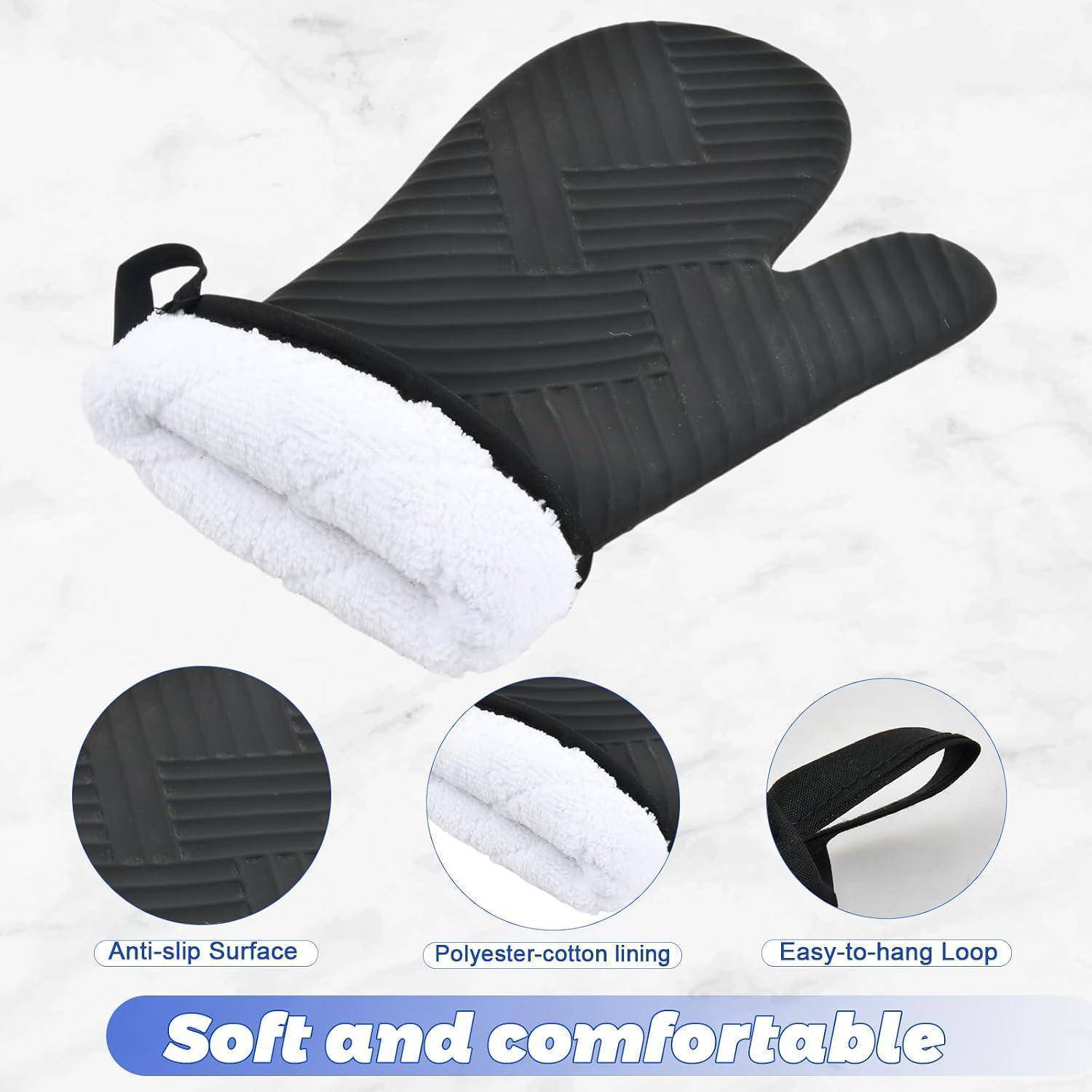 Schwarzer isolierter Ofenhandschuh mit weißem Fleece-Futter und Aufhängeschlaufe, gekennzeichnet mit den Merkmalen: rutschfeste Oberfläche, Polyester-Baumwoll-Futter, leicht zu hängende Schlaufe und „Weich und komfortabel