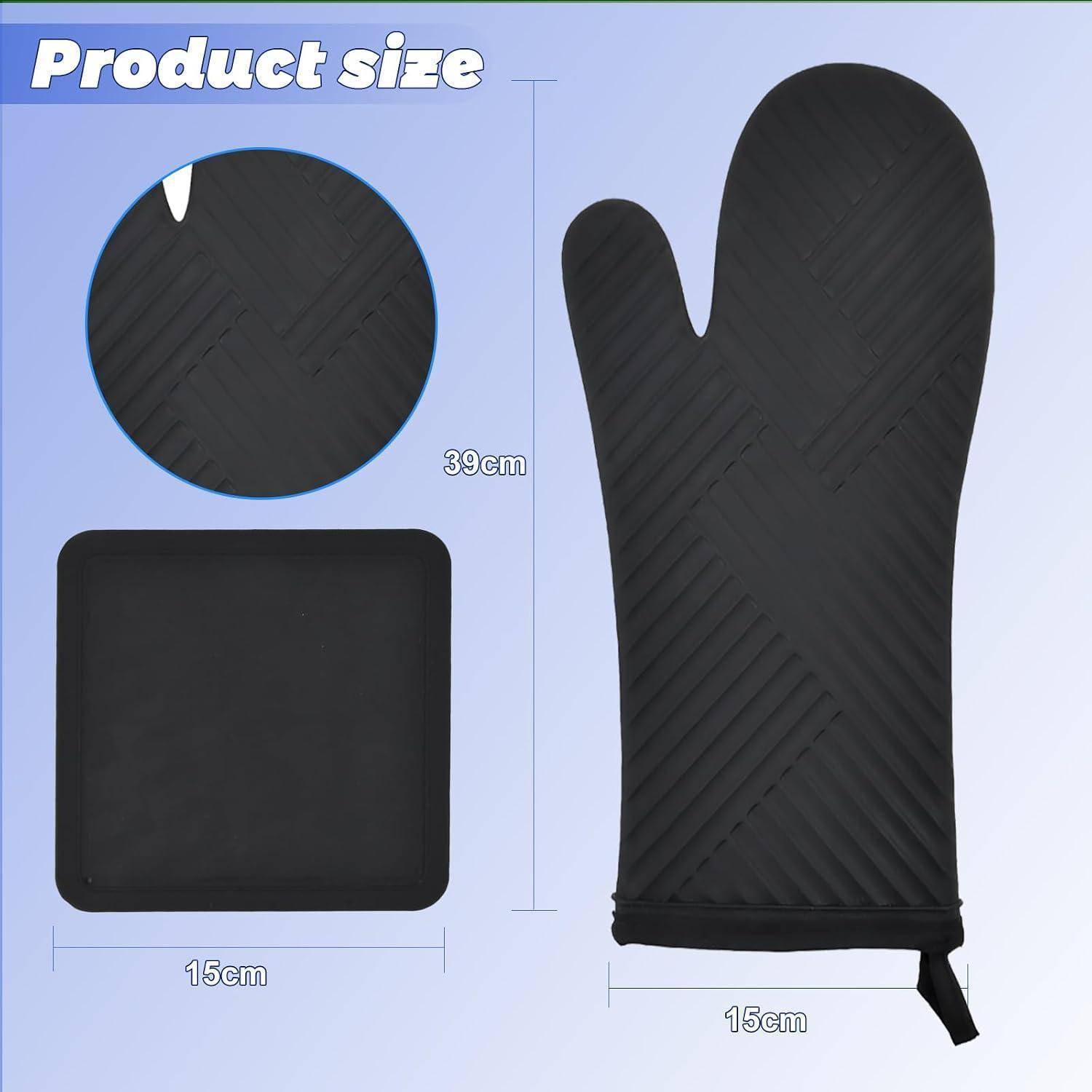 Produktgrößengrafik mit einem schwarzen Ofenhandschuh und einer passenden quadratischen Matte, beschriftet mit 39 cm Höhe und 15 cm Breite.