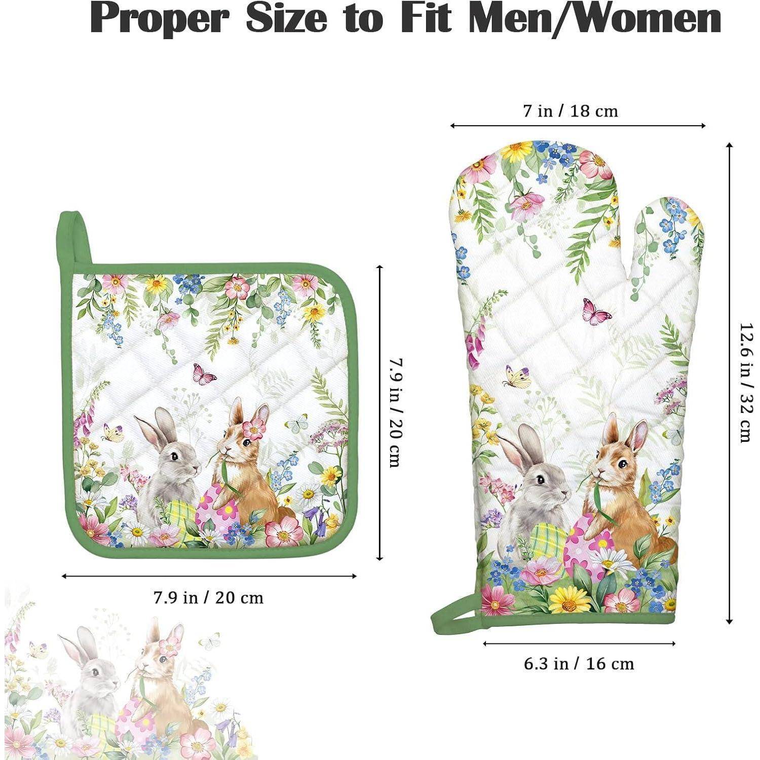 Größenleitfaden für Ofenhandschuh und Topflappen mit Blumenmuster, zeigt Topflappen 7,9 x 7,9 Zoll und Handschuh 12,6 x 6,3 Zoll, mit Passformmaßen.