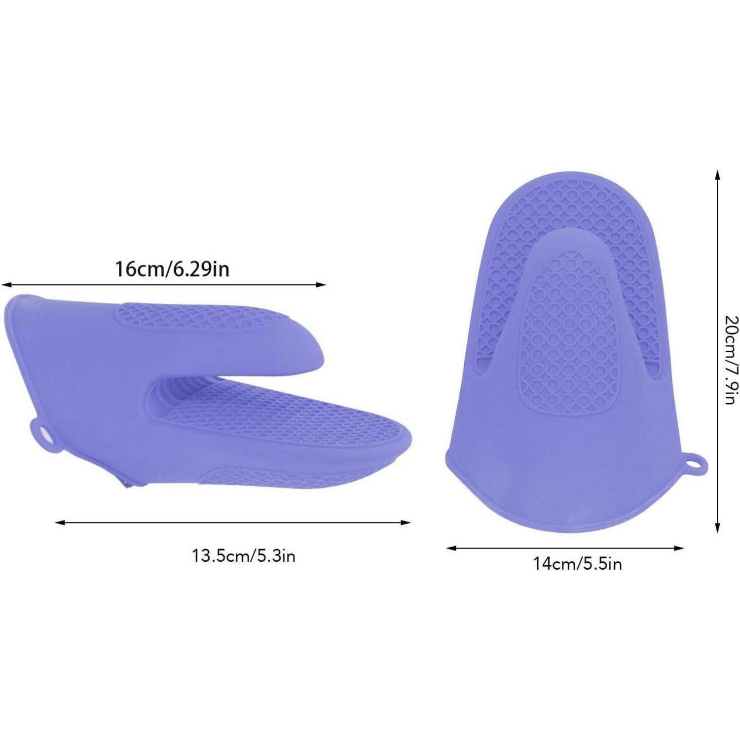 Violetter Silikonofenhandschuh, dargestellt in Seiten- und Draufsicht mit beschrifteten Abmessungen: 16 cm, 13,5 cm, 14 cm und 20 cm.