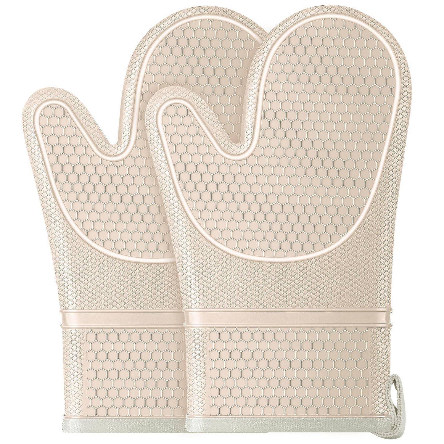 Beige strukturierte Ofenhandschuhe mit Wabenmuster und Aufhängeschlaufe, als Paar auf weißem Hintergrund dargestellt.