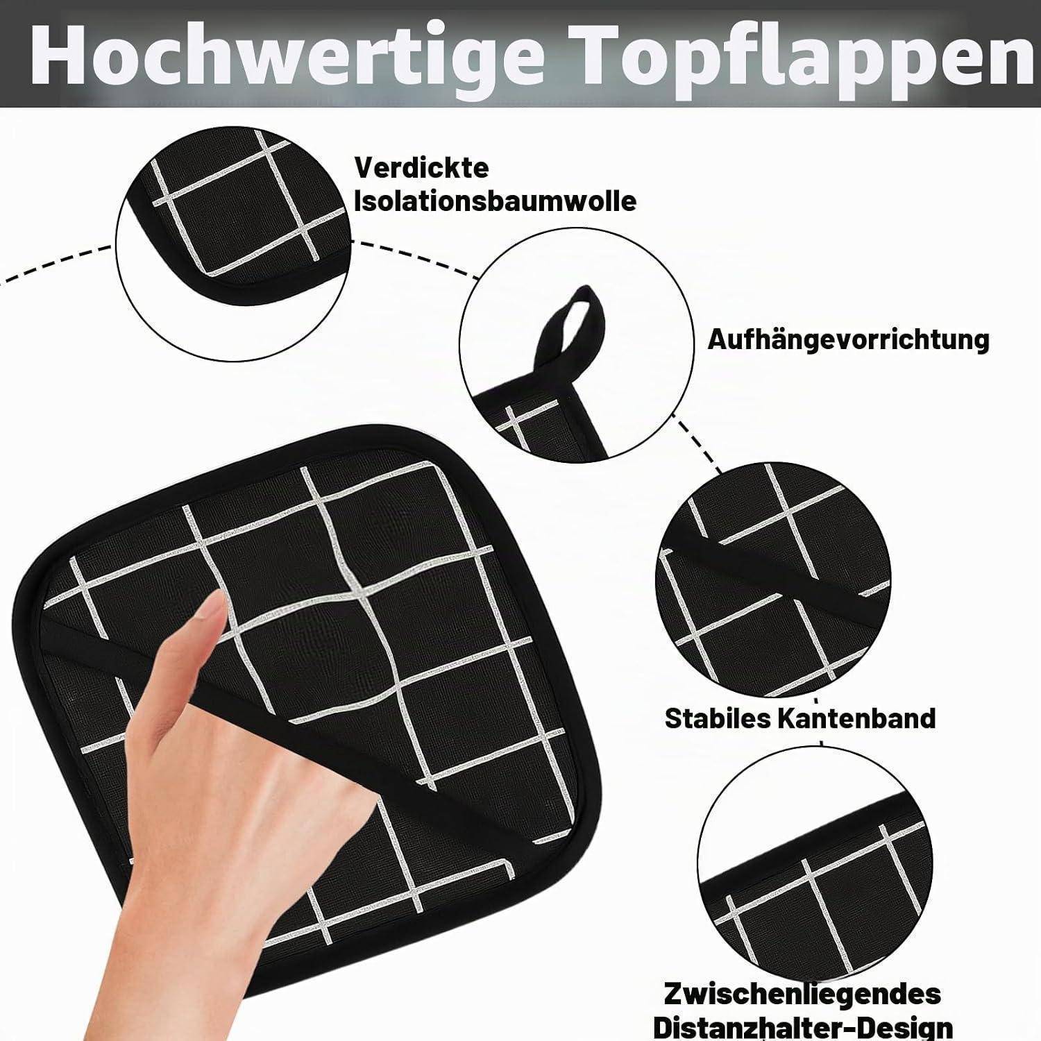 Produktbild einer schwarzen gesteppten Hängelappen-Abdeckung mit einer Hand, die darauf zeigt und Beschriftungen für Polsterisolierung, Aufhängeschleife, stabiles Kantenband und eingefasstes Rauten-Stepping aufweist.